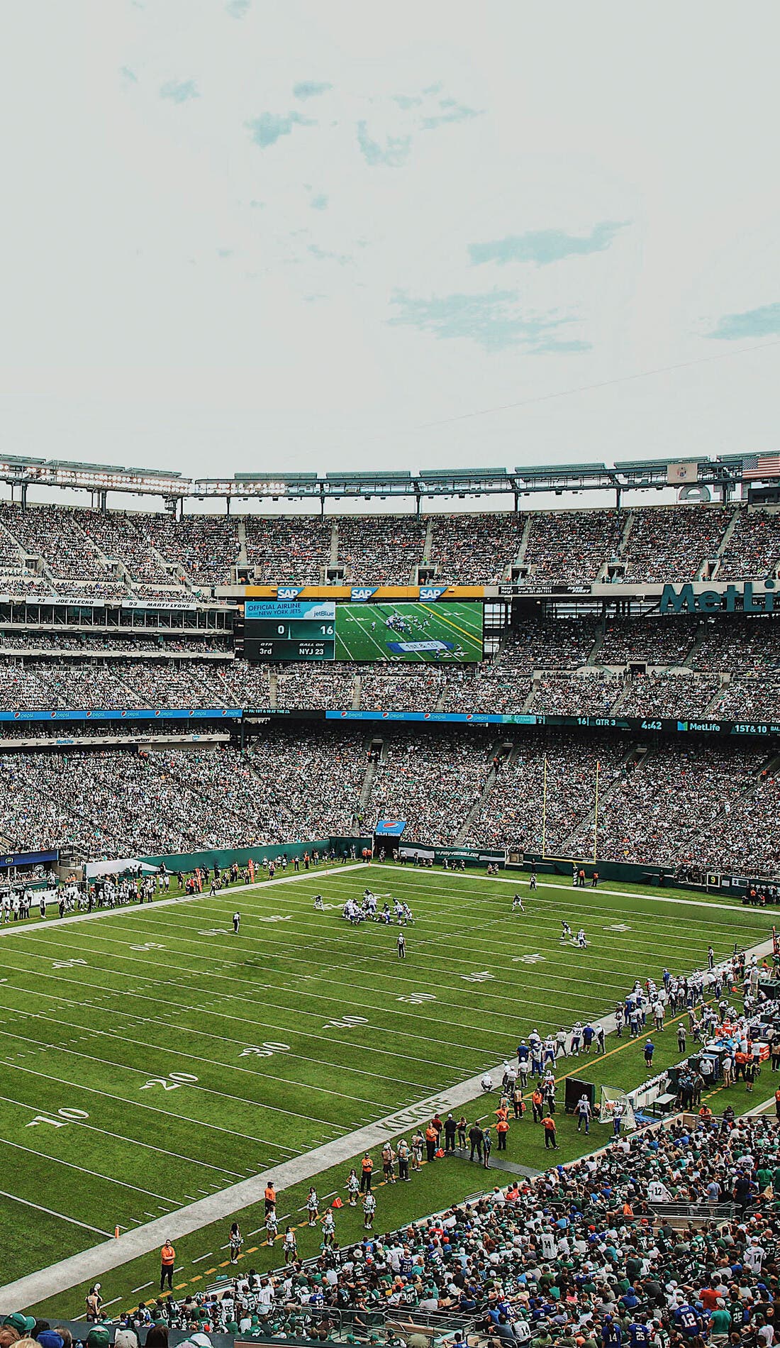 View from a seat at a New York Jets vs Buffalo Bills game, showing the teams playing