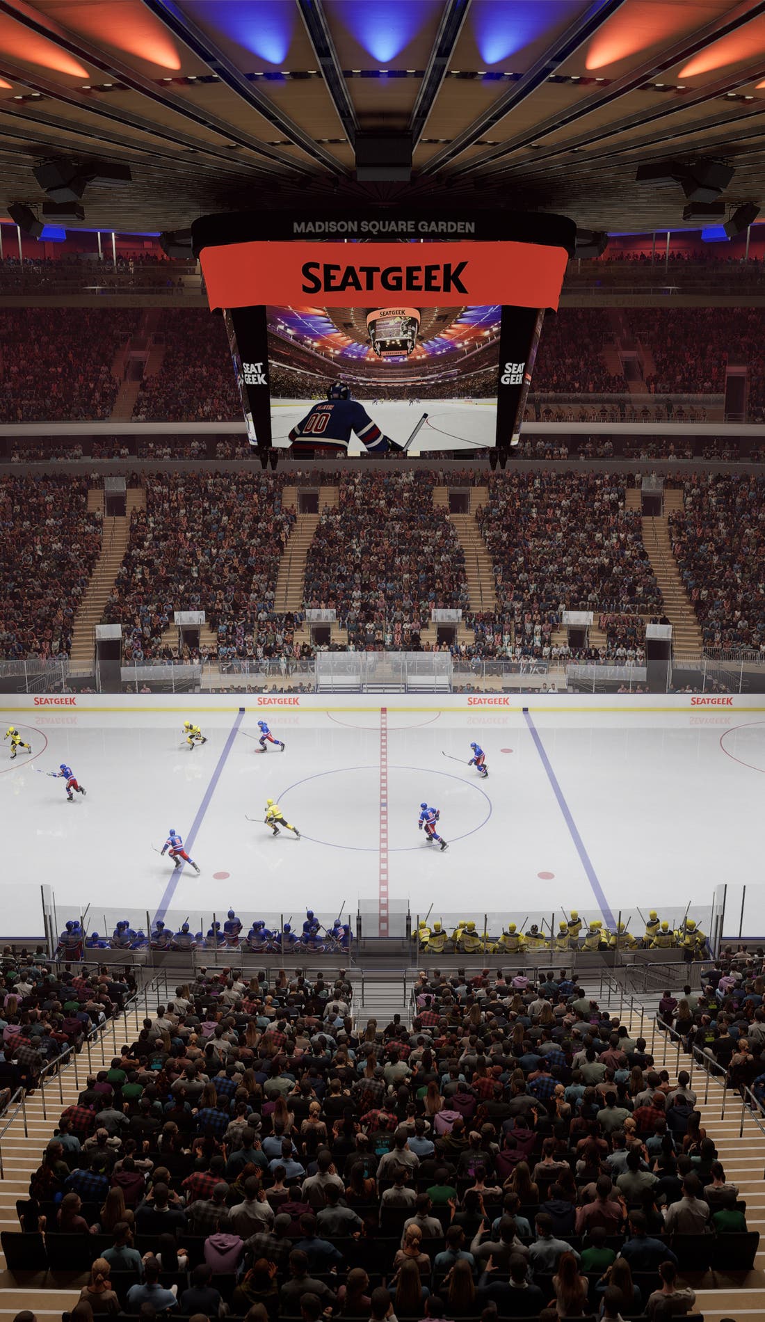 View from a seat at a New York Rangers vs Toronto Maple Leafs game, showing the teams playing