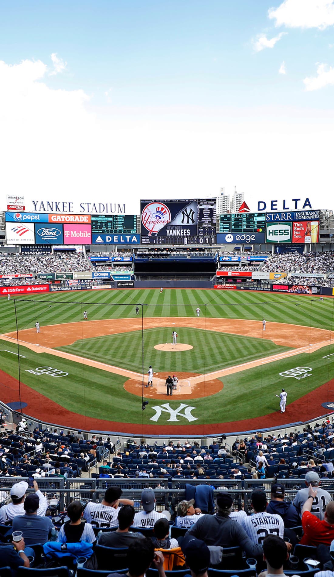 View from a seat at a New York Yankees vs Milwaukee Brewers game, showing the teams playing