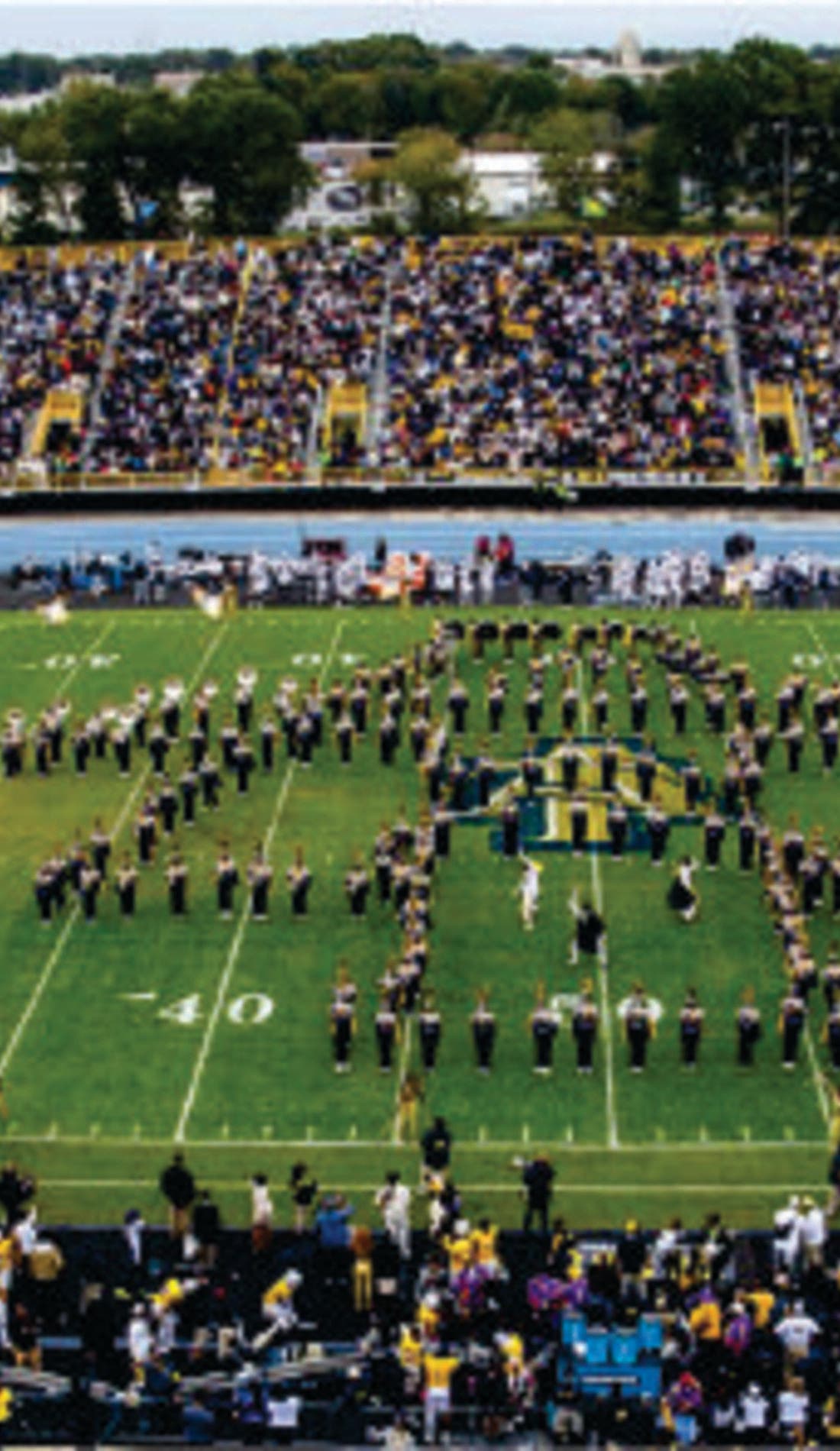 View from a seat at a North Carolina A&T Aggies Football vs Charlotte 49ers Football game, showing the teams playing