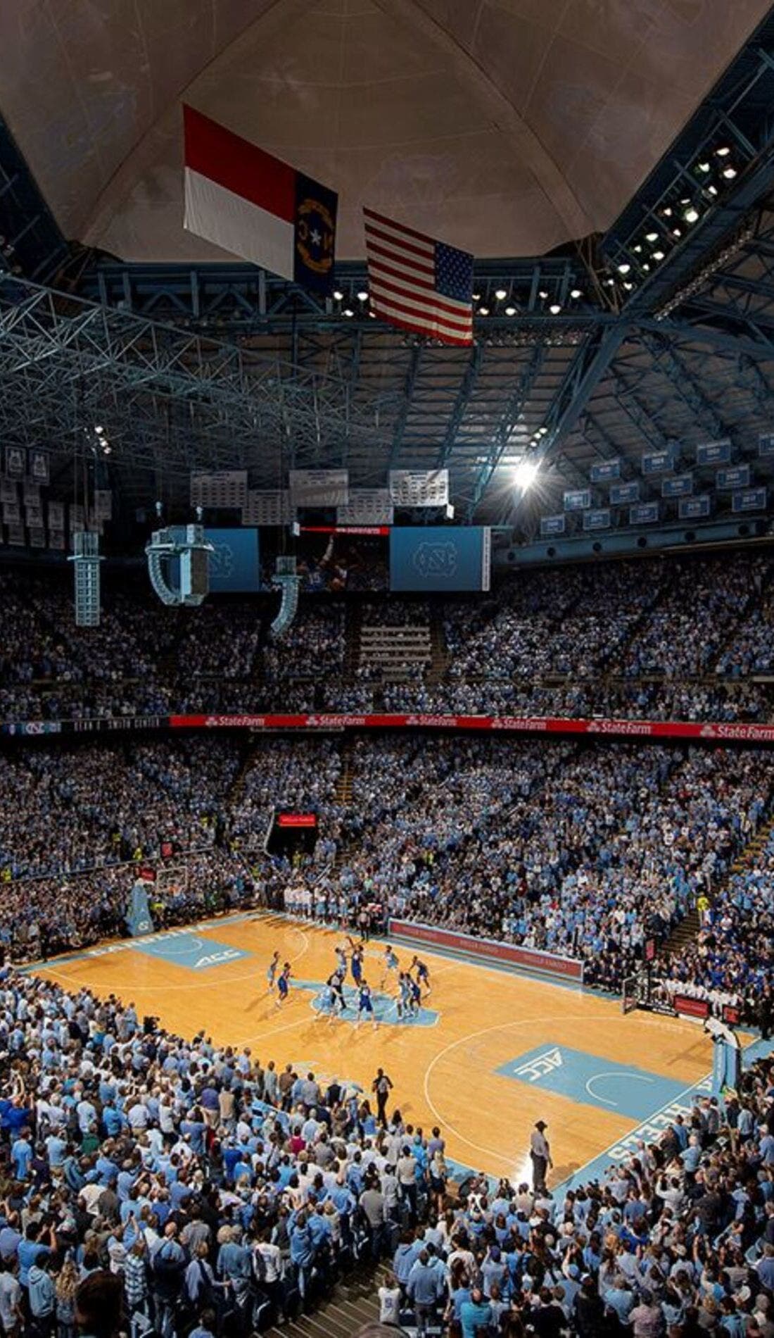 View from a seat at a North Carolina Tar Heels Mens Basketball vs Arkansas Razorbacks Mens Basketball game, showing the teams playing