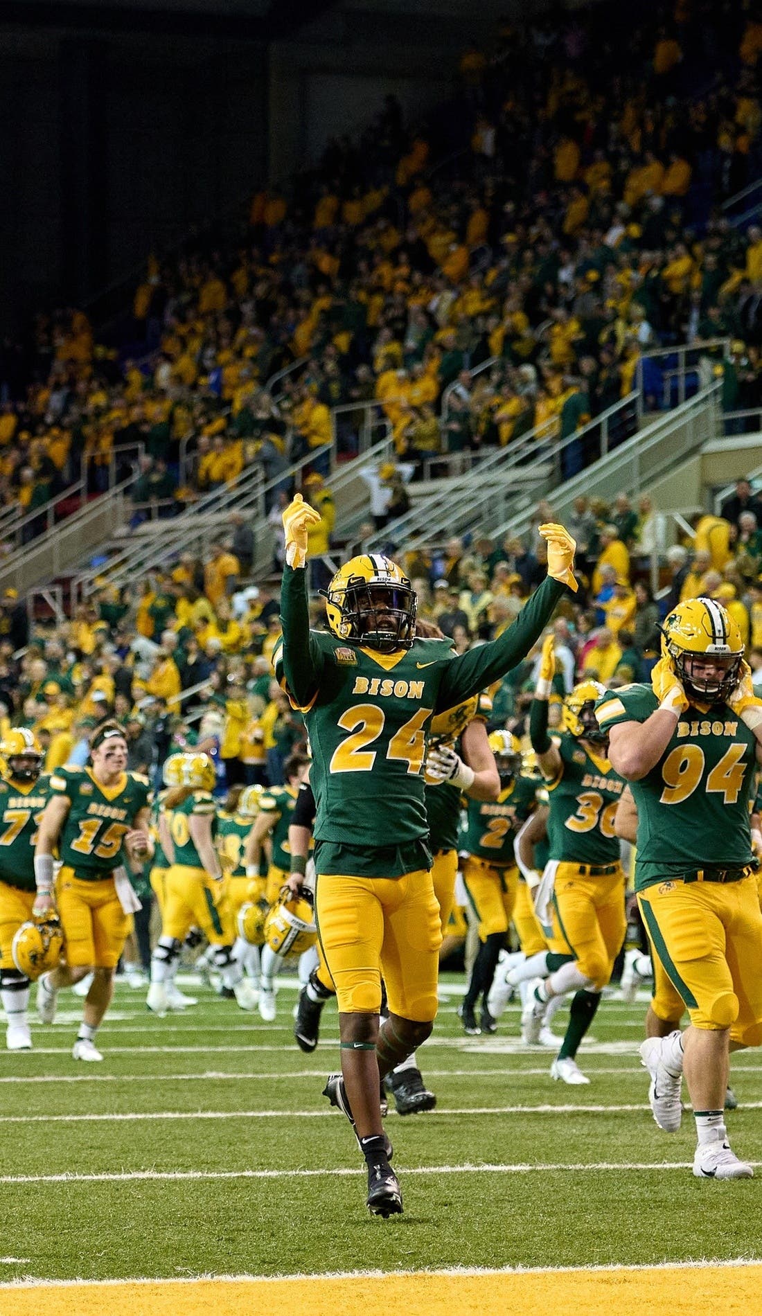 View from a seat at a North Dakota State Bison Football vs Butler Bulldogs Football game, showing the teams playing