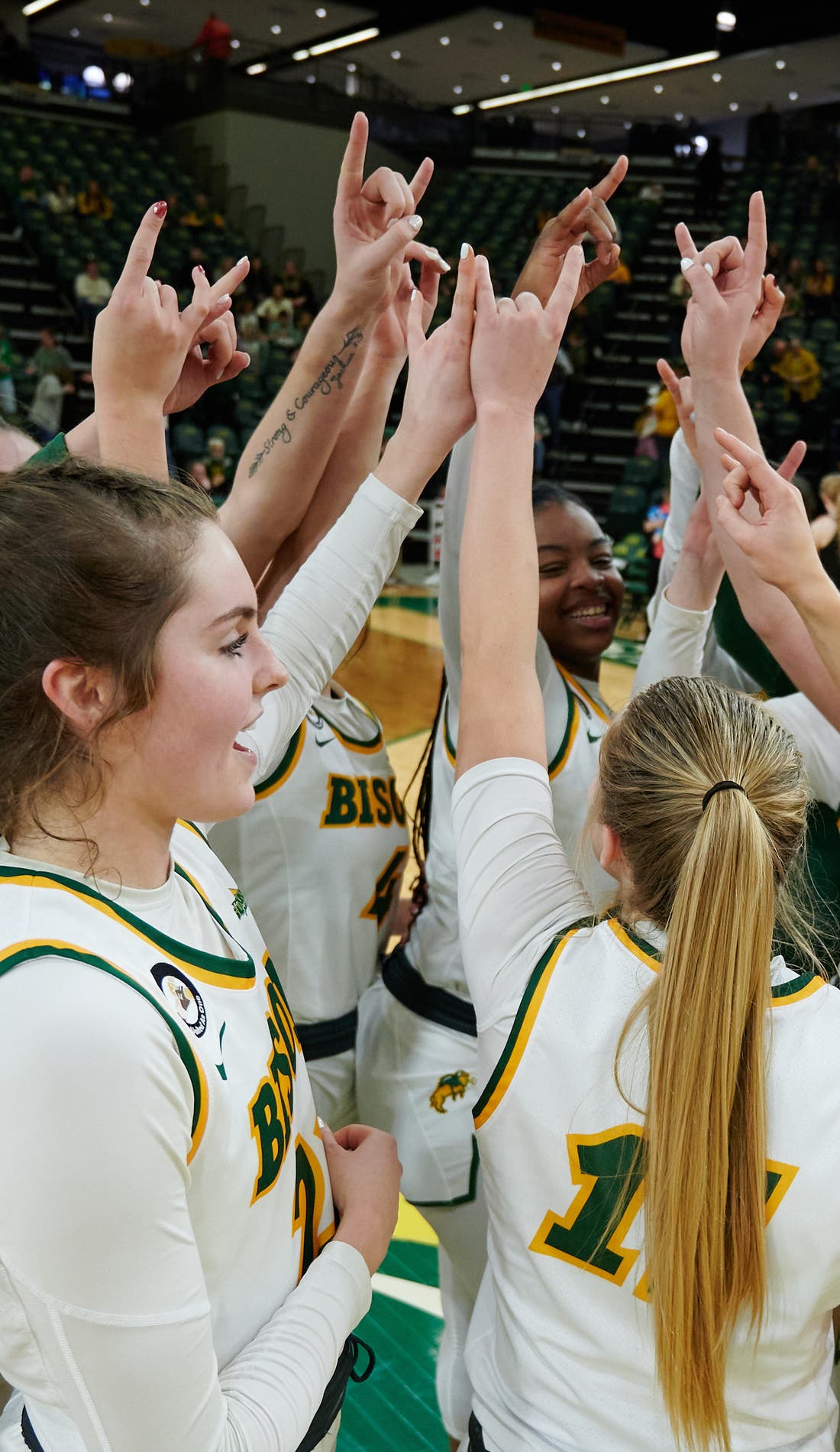 View from a seat at a North Dakota State Bison Womens Basketball vs Oral Roberts Golden Eagles Womens Basketball game, showing the teams playing