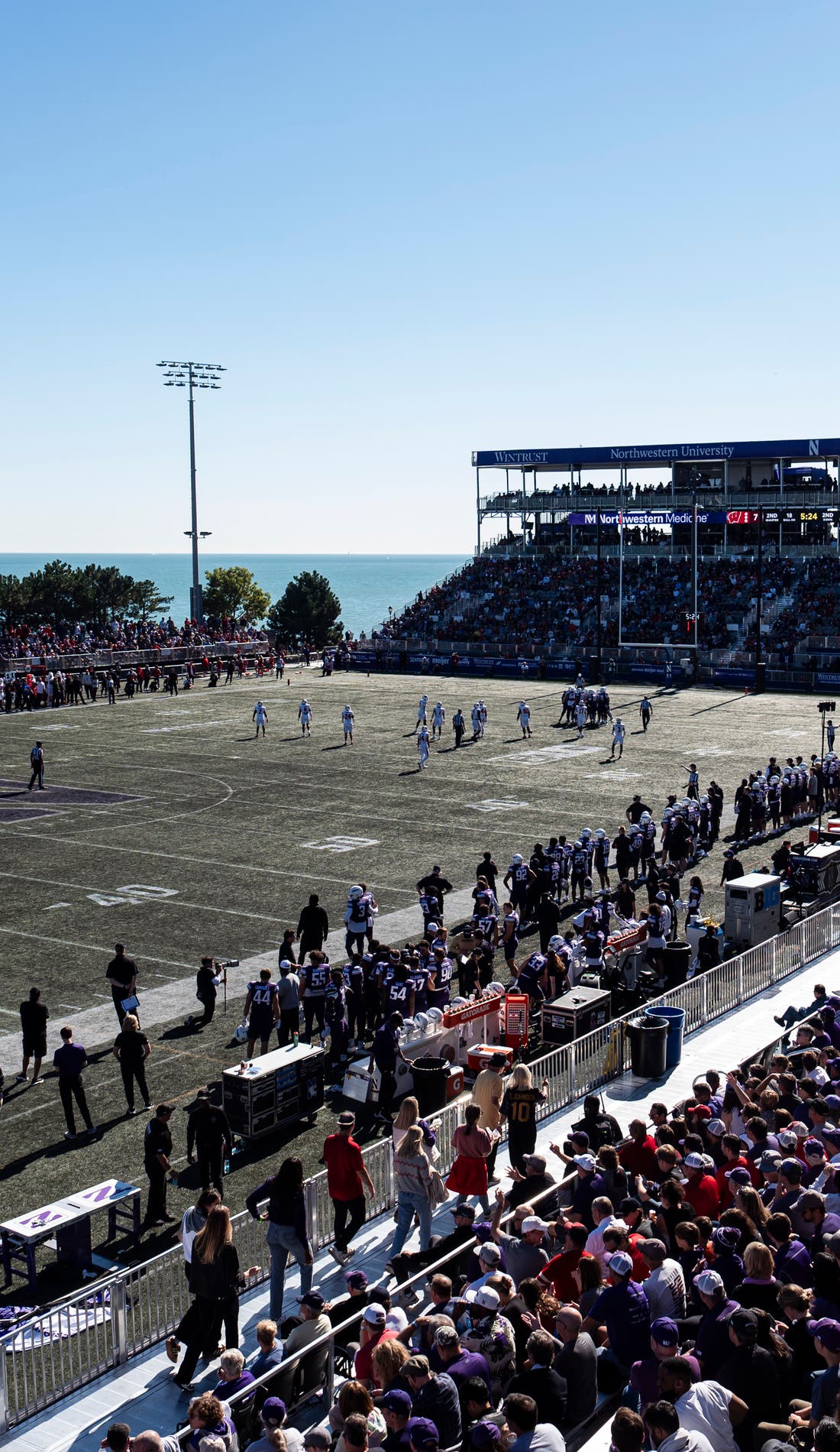 View from a seat at a Northwestern Wildcats Football vs Howard Bison Football game, showing the teams playing