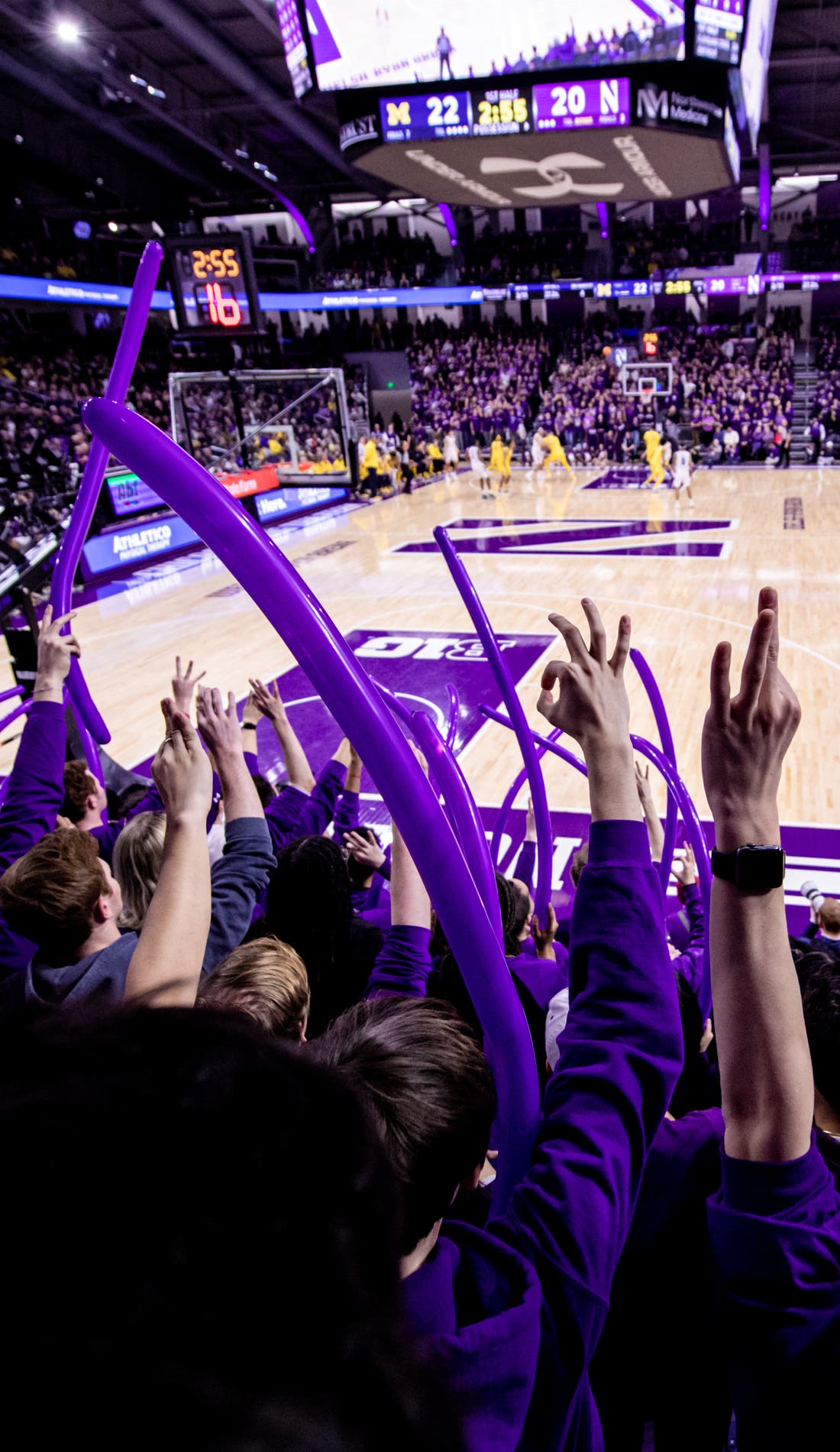 View from a seat at a Northwestern Wildcats Mens Basketball vs Illinois-Springfield Prairie Stars Mens Basketball game, showing the teams playing