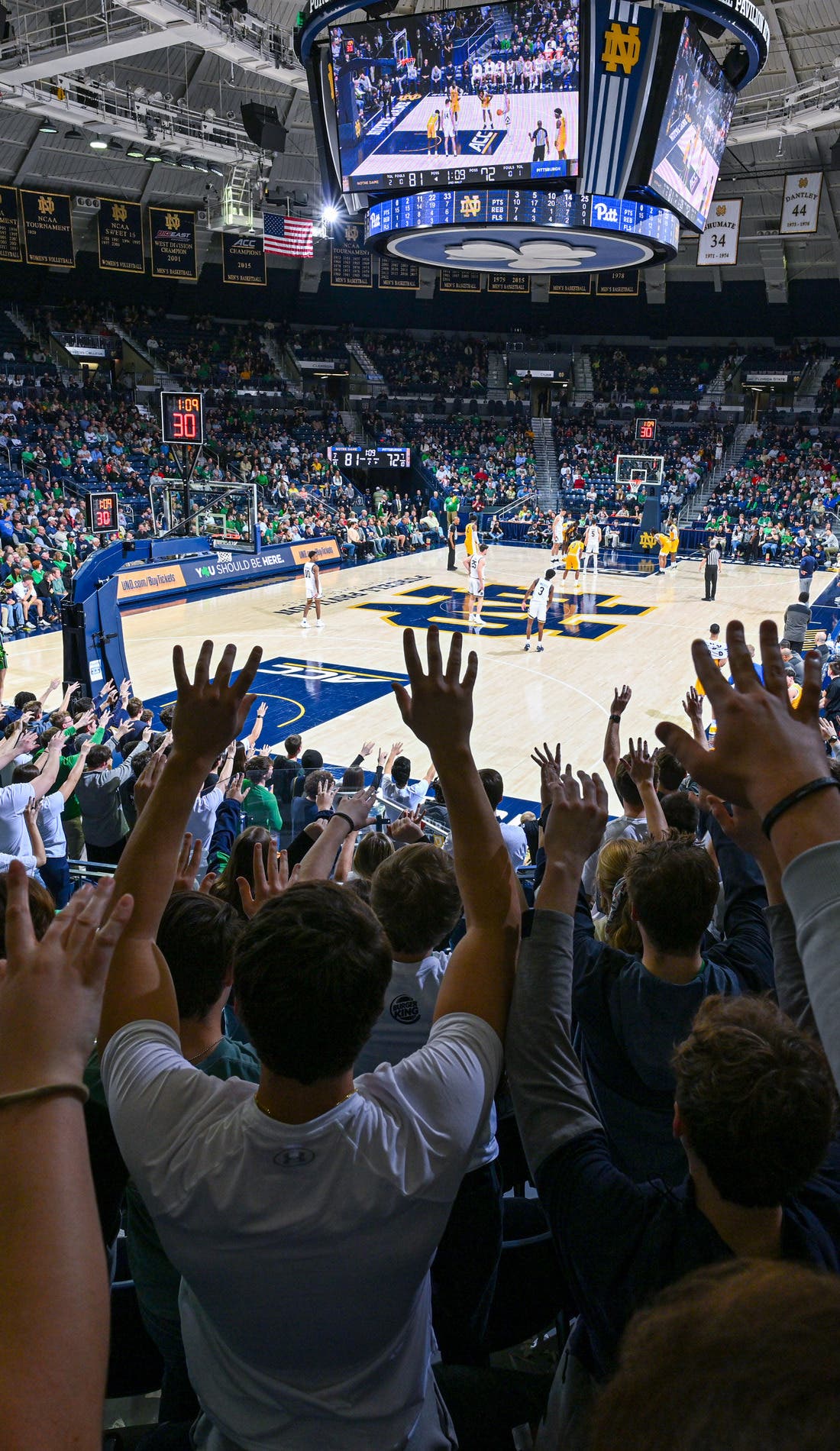 View from a seat at a Notre Dame Fighting Irish Mens Basketball vs UIC Flames Mens Basketball game, showing the teams playing