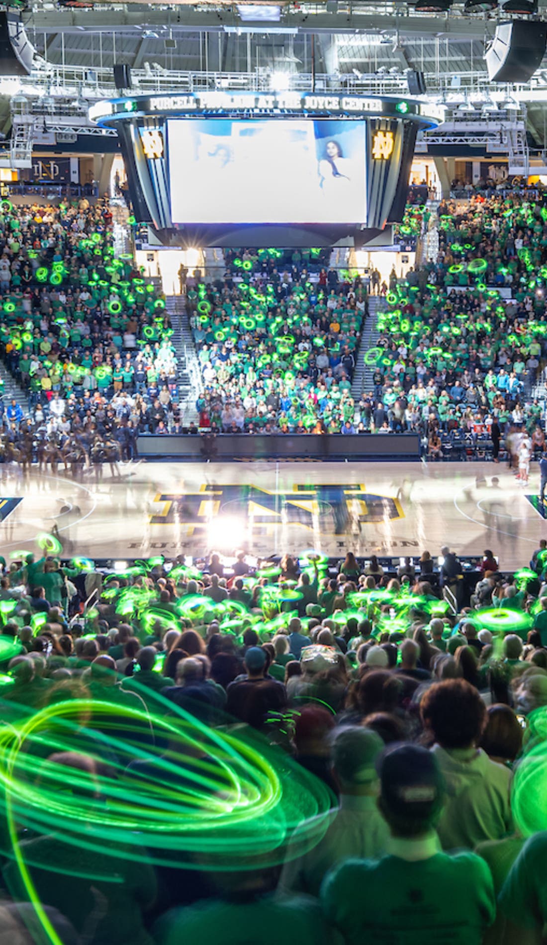 View from a seat at a Notre Dame Fighting Irish Womens Basketball vs Creighton Bluejays Womens Basketball game, showing the teams playing