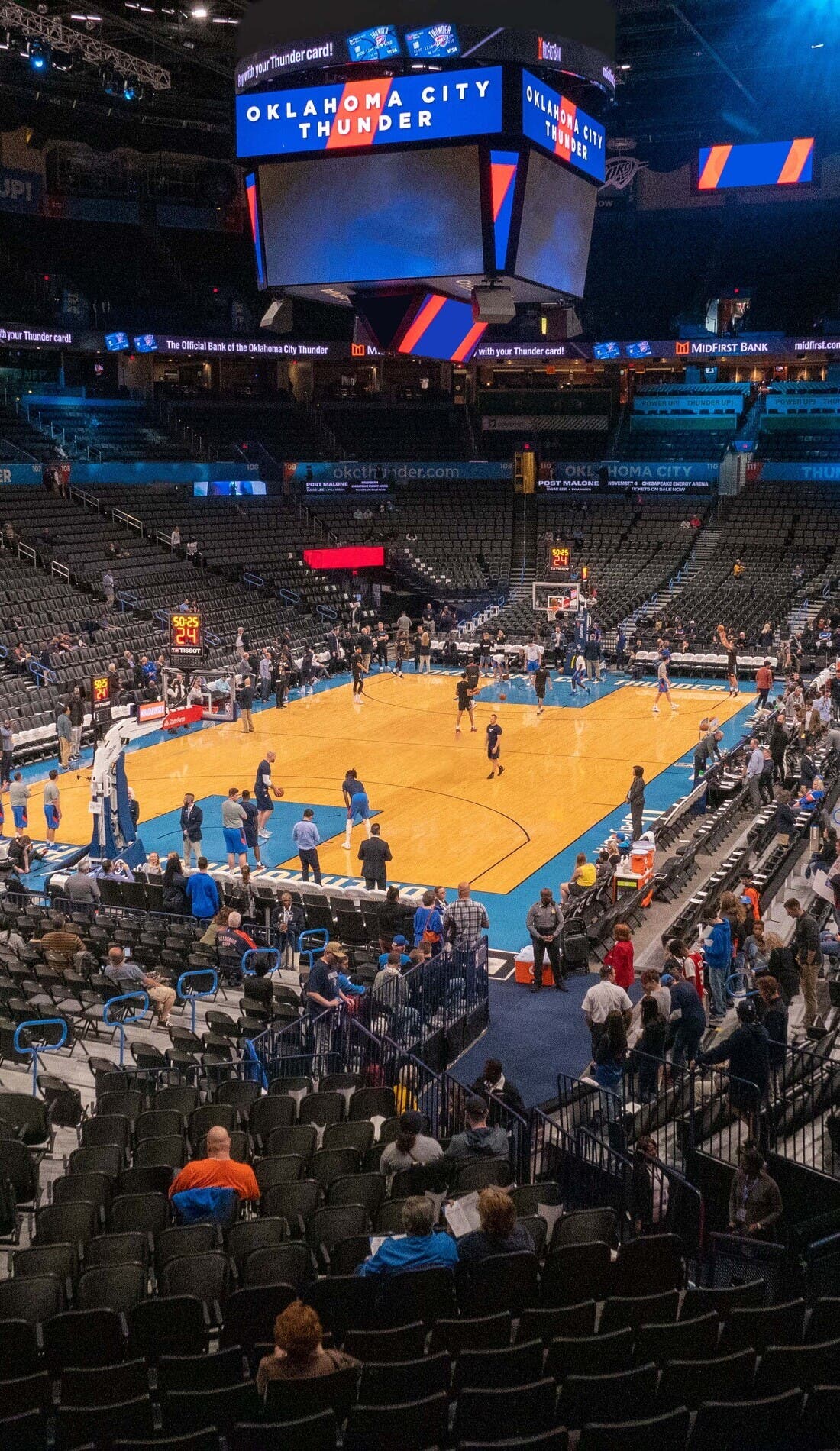 View from a seat at a Oklahoma City Thunder vs Los Angeles Lakers game, showing the teams playing