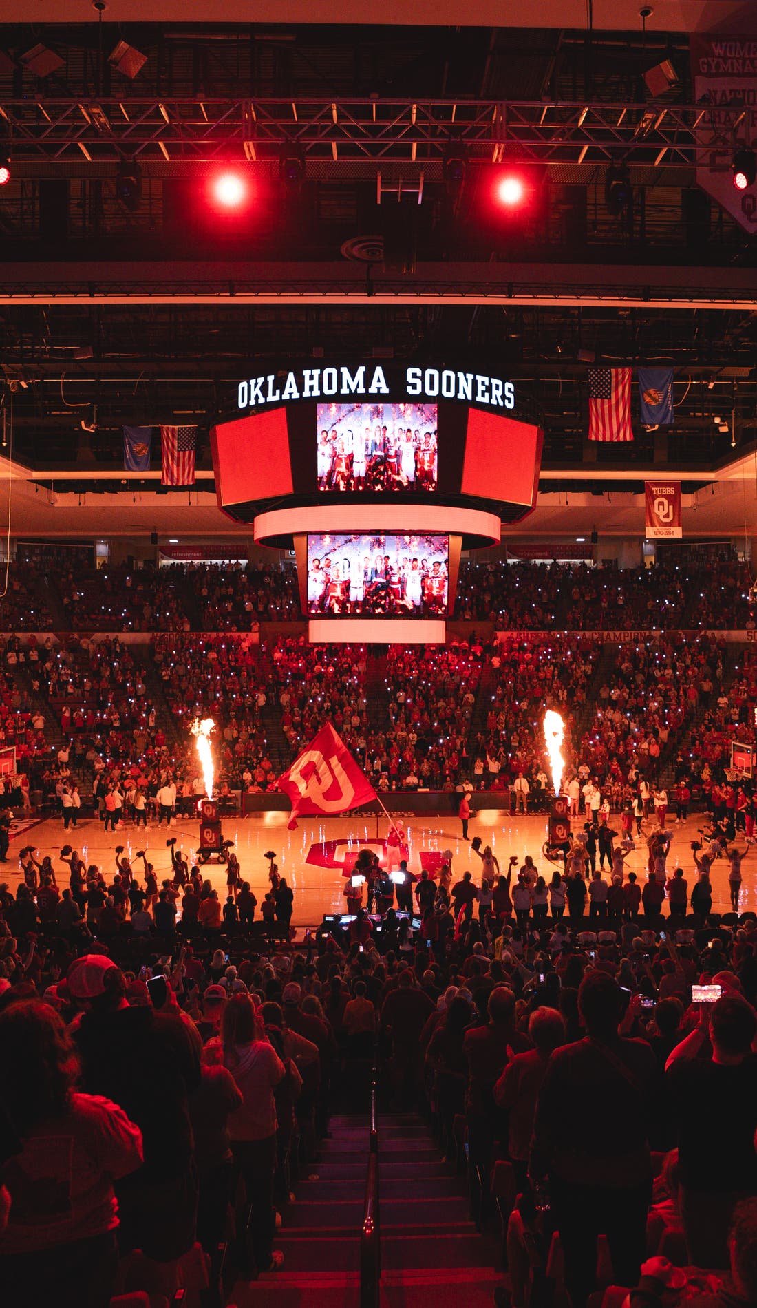 View from a seat at a Oklahoma Sooners Womens Basketball vs Baylor Bears Womens Basketball game, showing the teams playing