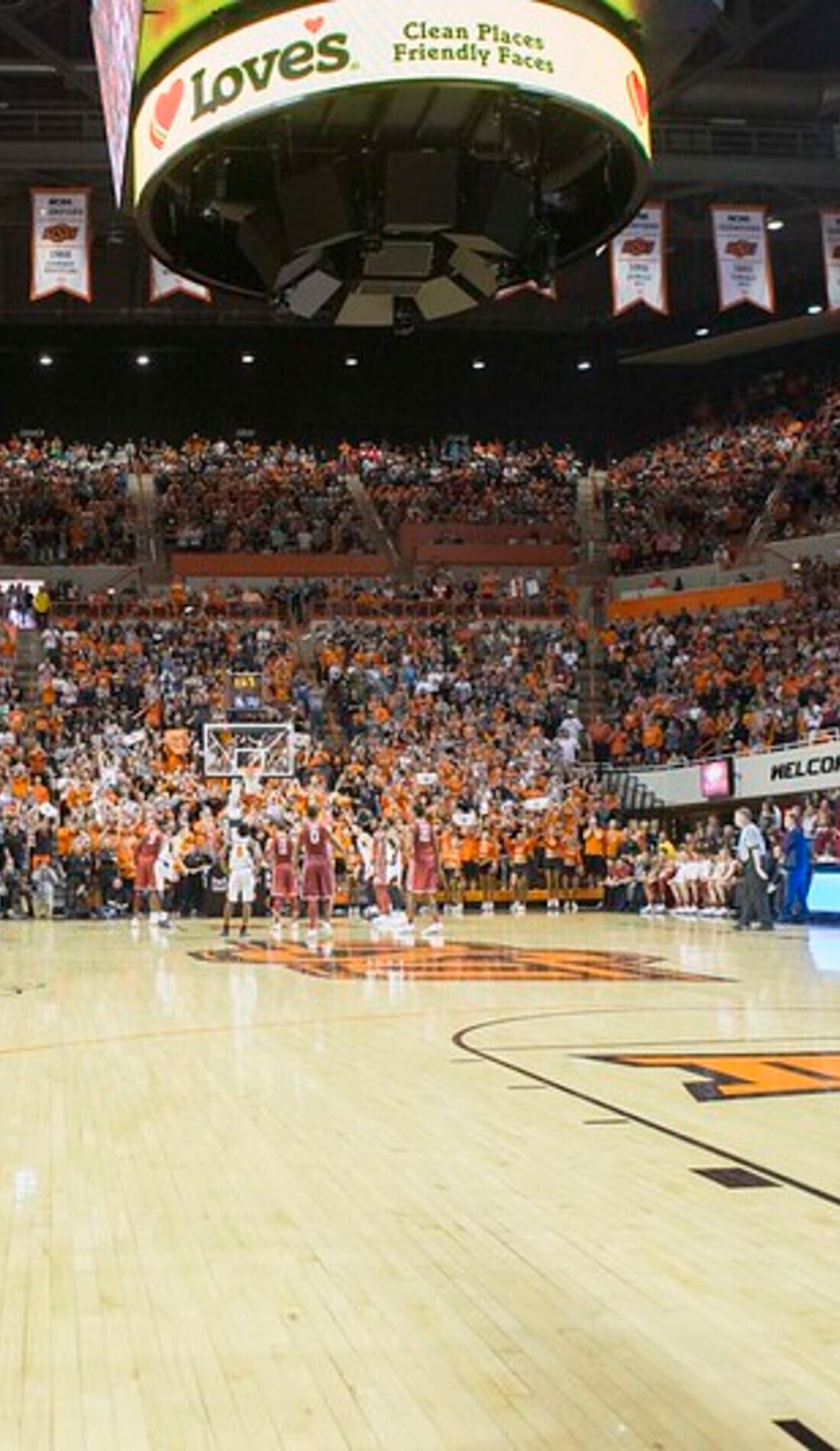 View from a seat at a Oklahoma State Cowboys Mens Basketball vs College of Charleston Cougars Mens Basketball game, showing the teams playing