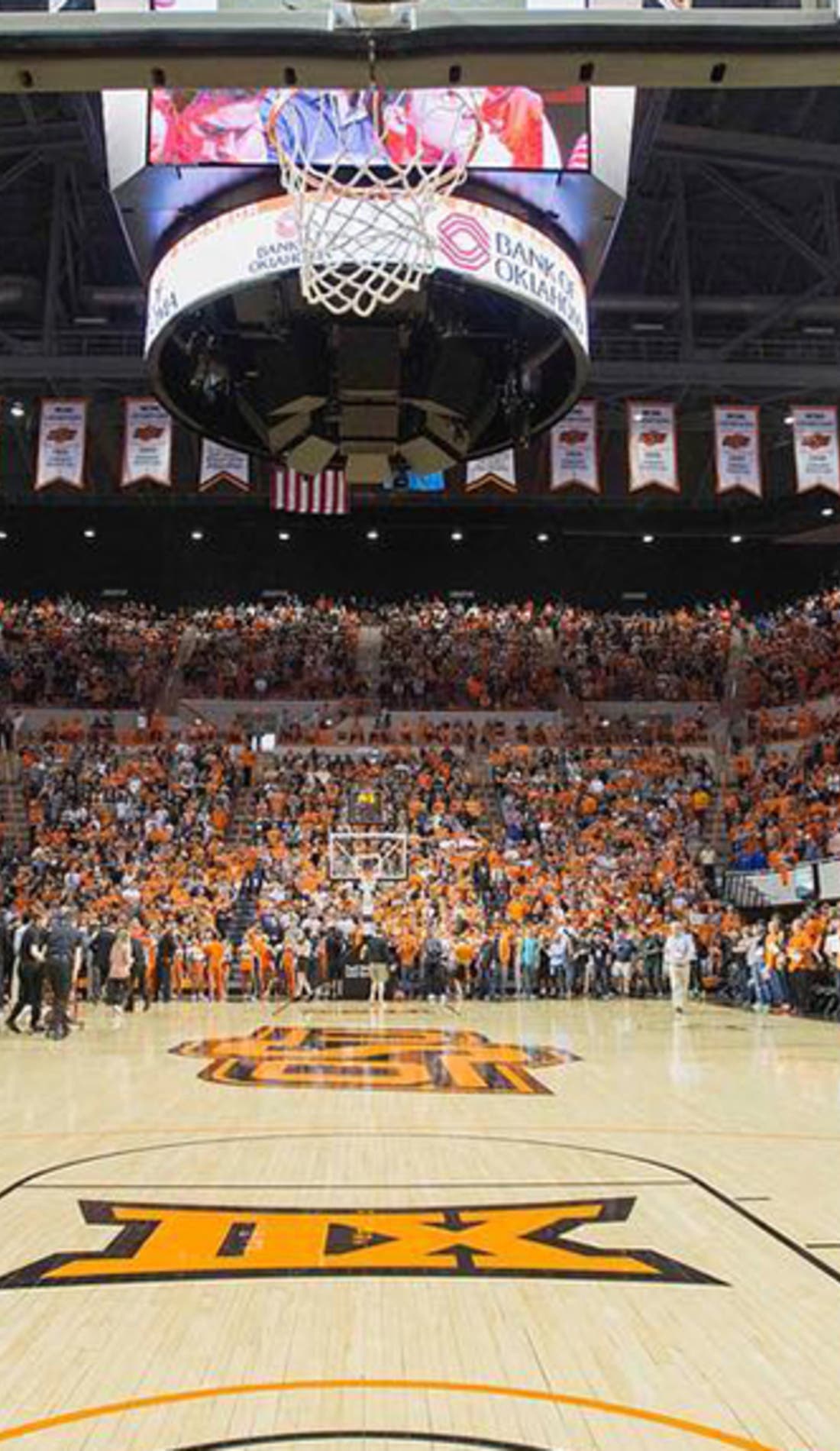 View from a seat at a Oklahoma State Cowgirls Womens Basketball vs Baylor Bears Womens Basketball game, showing the teams playing