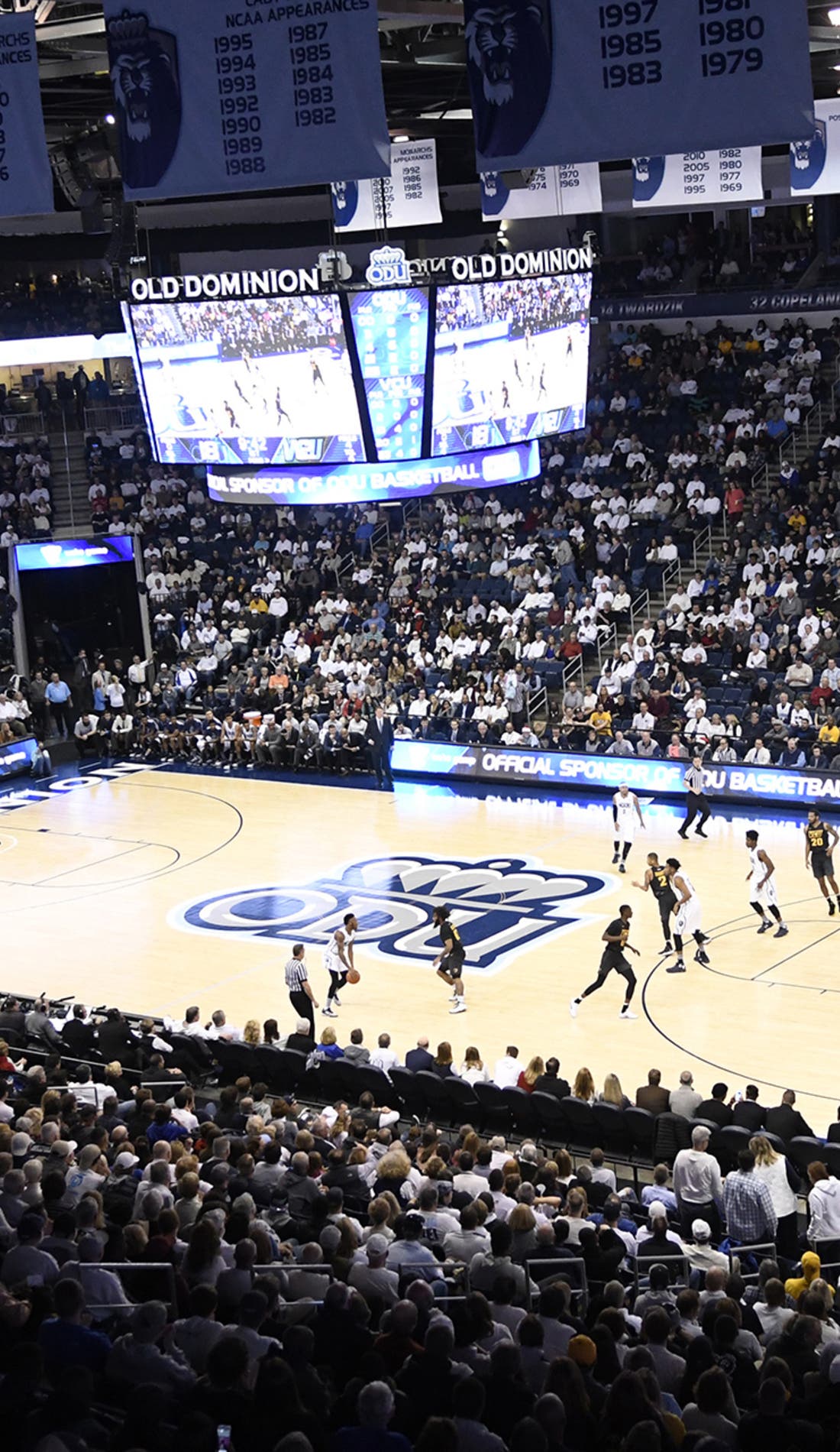 View from a seat at a Old Dominion Monarchs Mens Basketball vs Navy Midshipmen Mens Basketball game, showing the teams playing