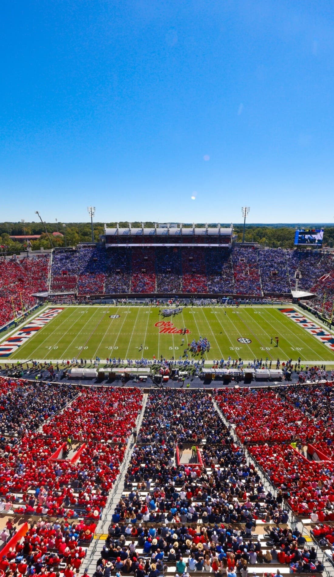 View from a seat at a Ole Miss Rebels Football vs UT Martin Skyhawks Football game, showing the teams playing