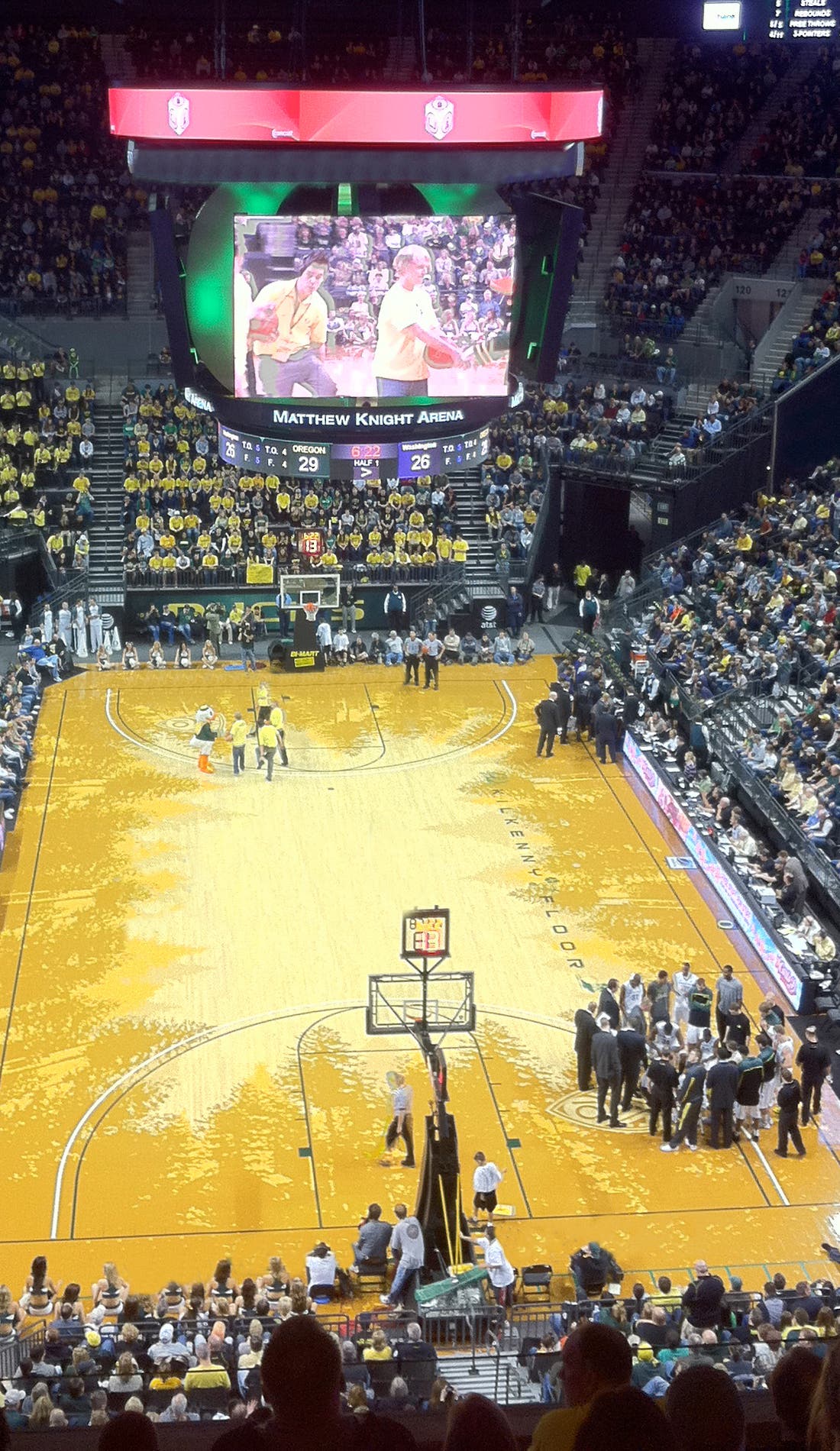 View from a seat at a Oregon Ducks Mens Basketball vs Green Bay Phoenix Mens Basketball game, showing the teams playing