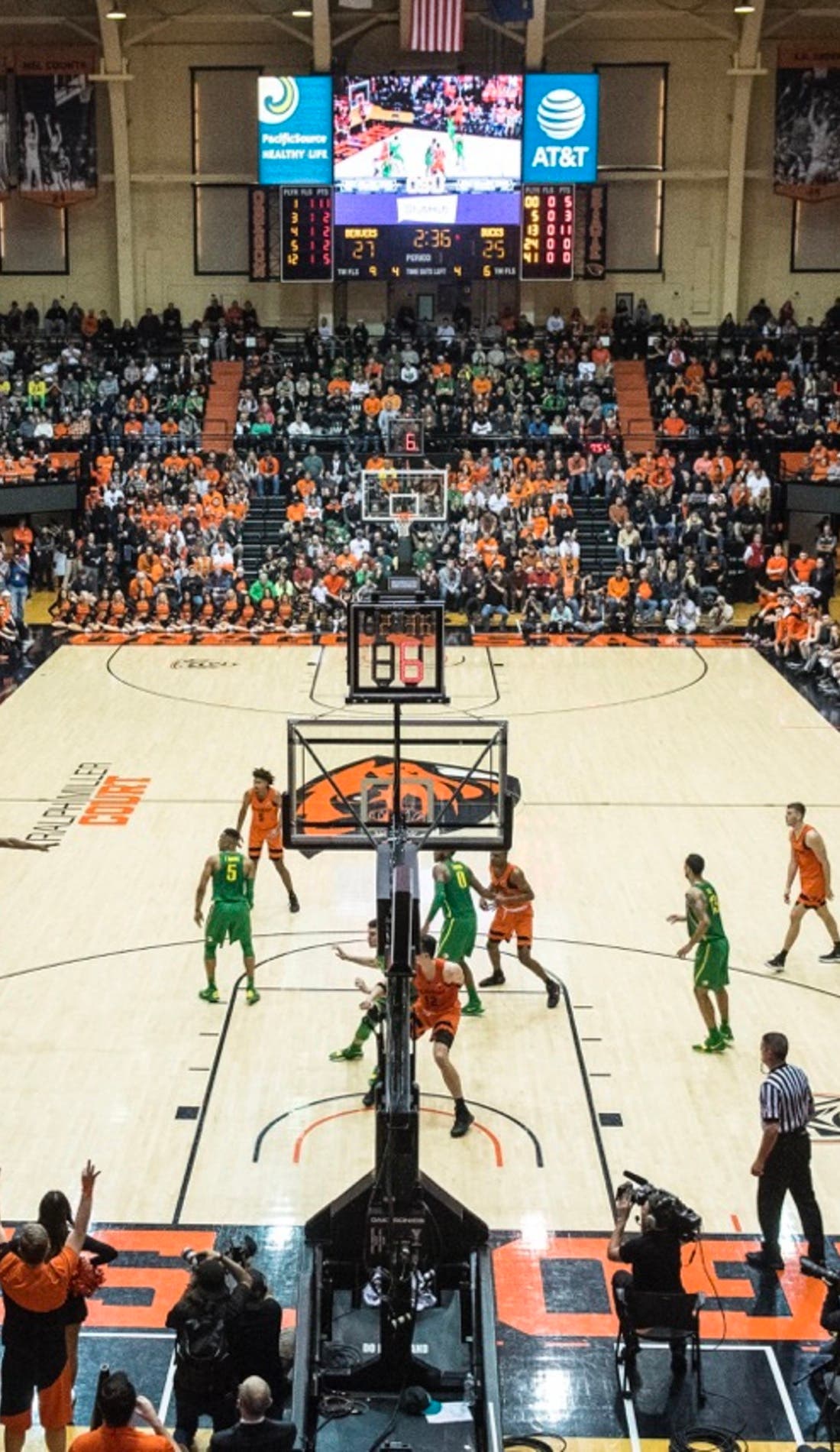 View from a seat at a Oregon State Beavers Mens Basketball vs Pepperdine Waves Mens Basketball game, showing the teams playing