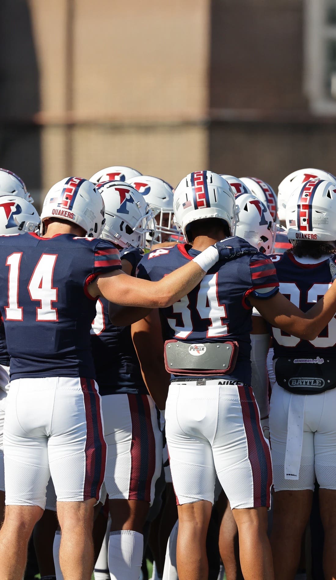View from a seat at a Penn Quakers Football vs Fordham Rams Football game, showing the teams playing