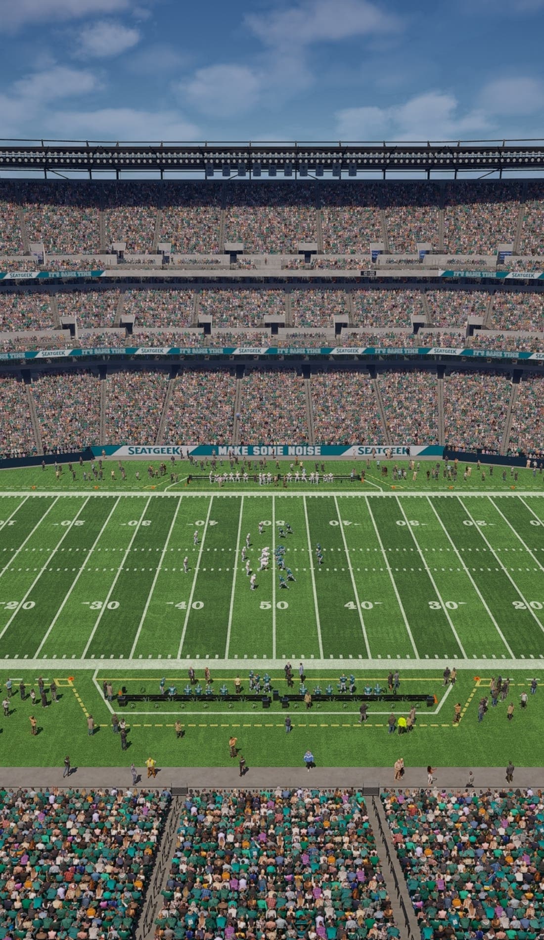 View from a seat at a Philadelphia Eagles vs Denver Broncos game, showing the teams playing
