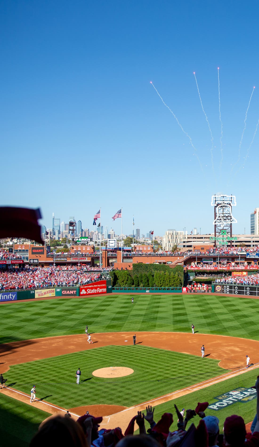 View from a seat at a Philadelphia Phillies vs Boston Red Sox game, showing the teams playing