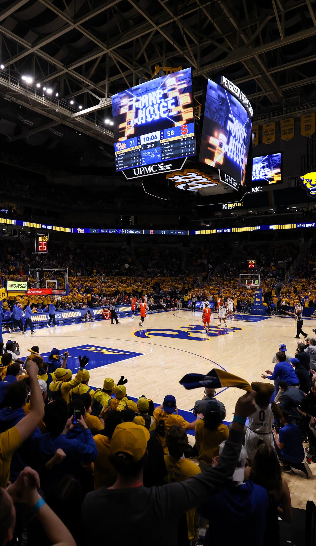 View from a seat at a Pittsburgh Panthers Mens Basketball vs Colgate Raiders Mens Basketball game, showing the teams playing