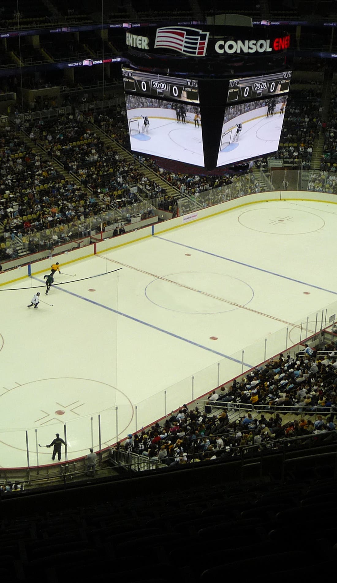 View from a seat at a Pittsburgh Penguins vs Vegas Golden Knights game, showing the teams playing