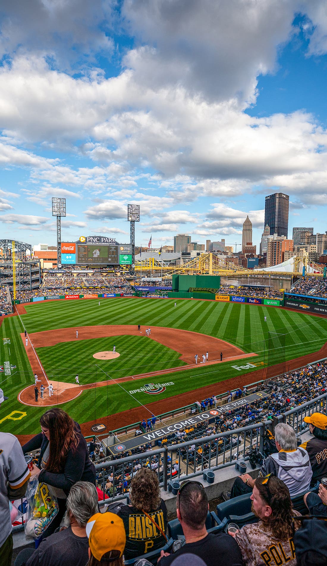 View from a seat at a Pittsburgh Pirates vs Cincinnati Reds game, showing the teams playing