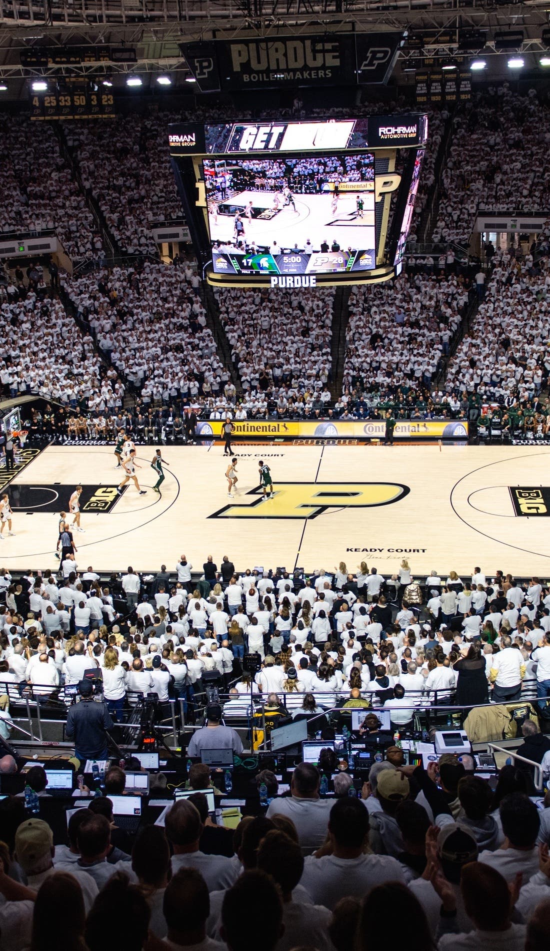 View from a seat at a Purdue Boilermakers Mens Basketball vs Marian Knights Mens Basketball game, showing the teams playing