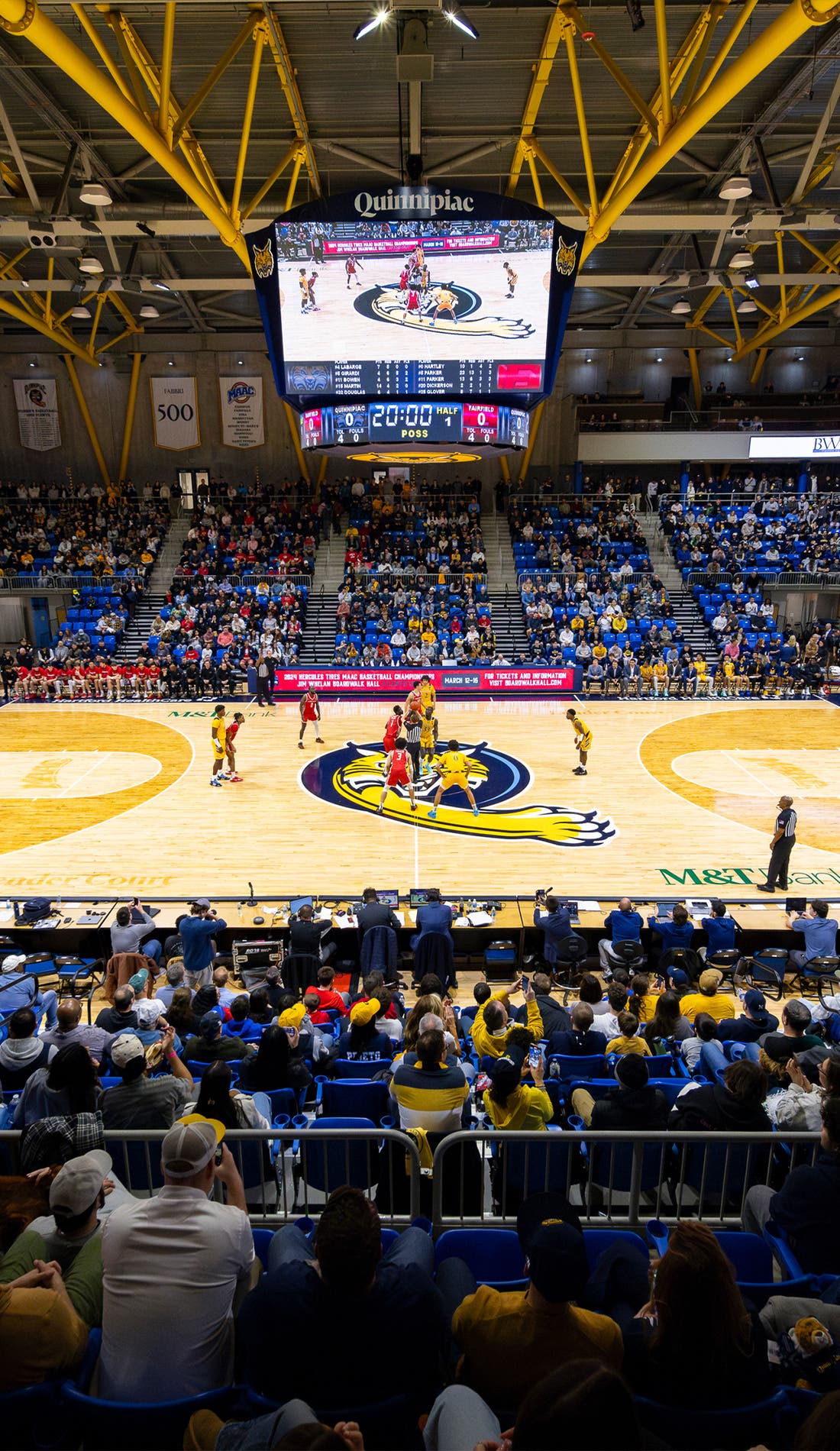 View from a seat at a Quinnipiac Bobcats Mens Basketball vs Stony Brook Seawolves Mens Basketball game, showing the teams playing