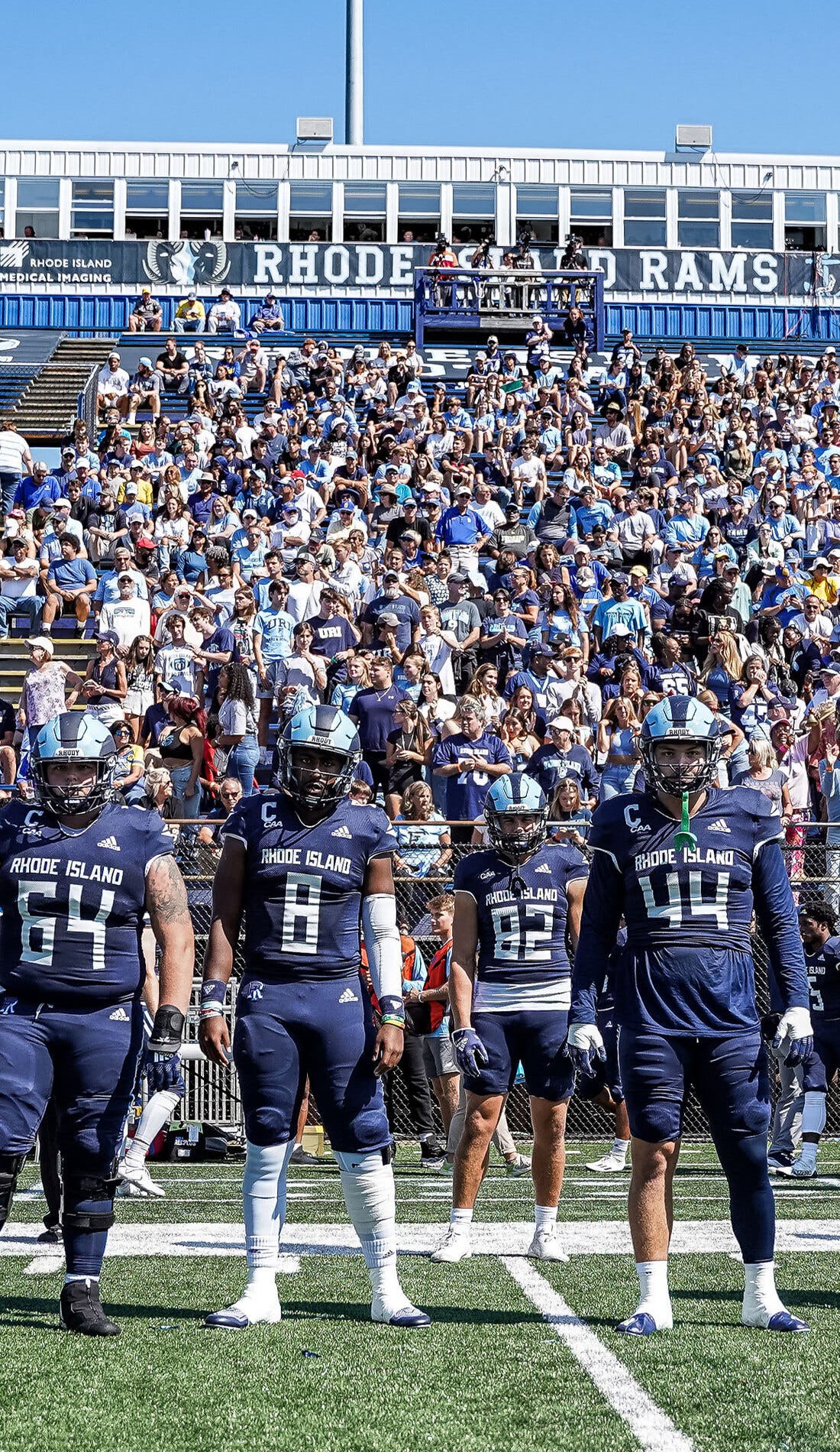View from a seat at a Rhode Island Rams Football vs Hampton Pirates Football game, showing the teams playing