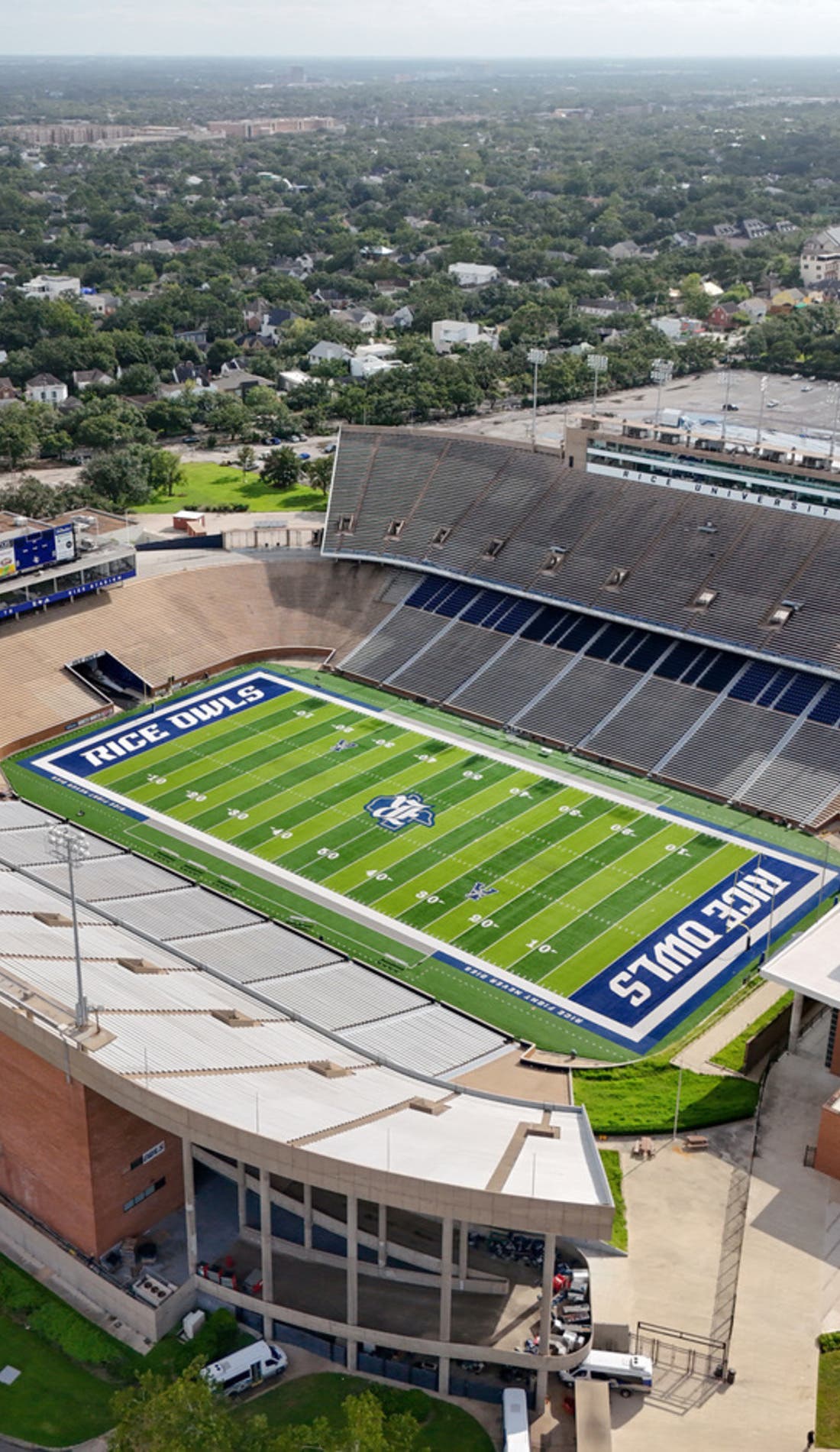 View from a seat at a Rice Owls Football vs Wagner Seahawks Football game, showing the teams playing
