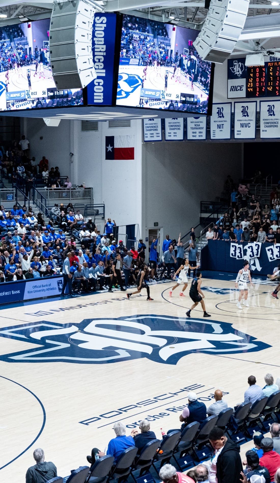 View from a seat at a Rice Owls Mens Basketball vs SMU Mustangs Mens Basketball game, showing the teams playing