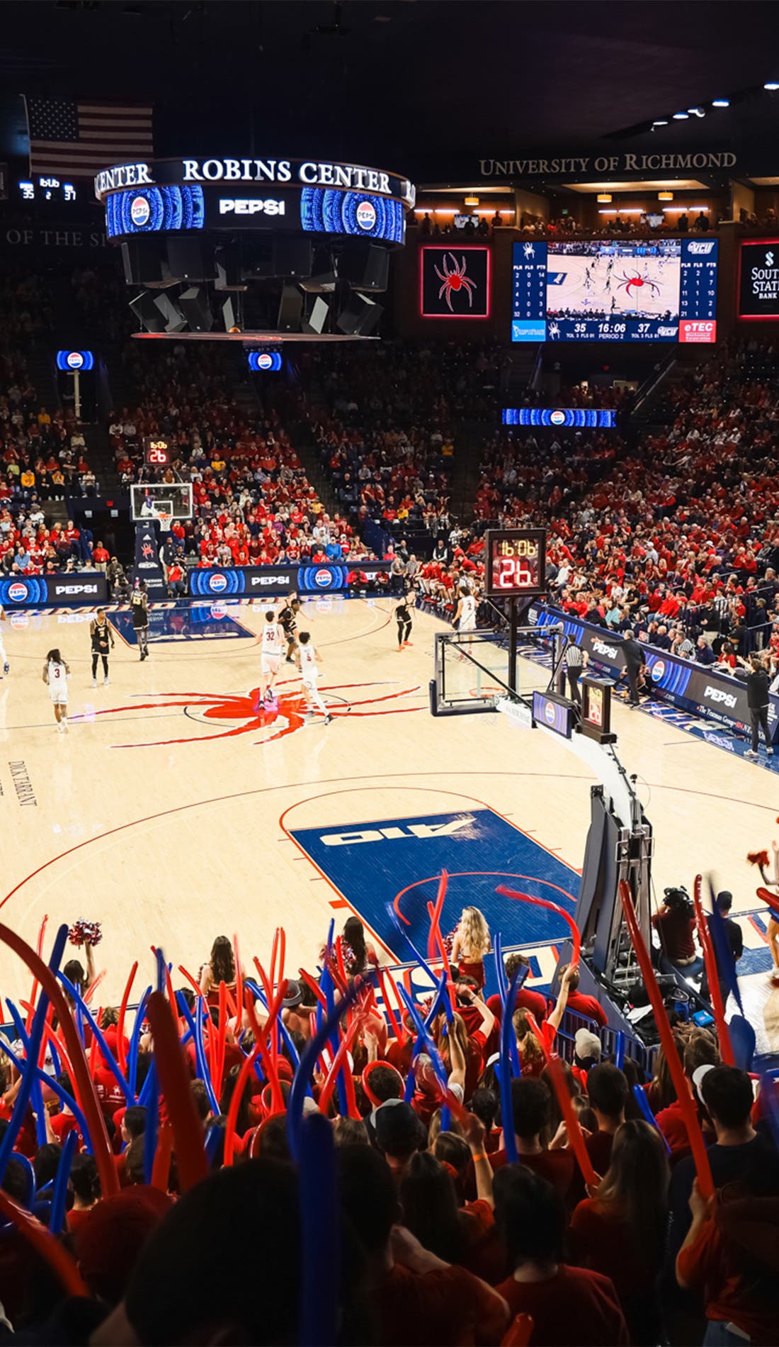 View from a seat at a Richmond Spiders Mens Basketball vs Georgetown Hoyas Mens Basketball game, showing the teams playing