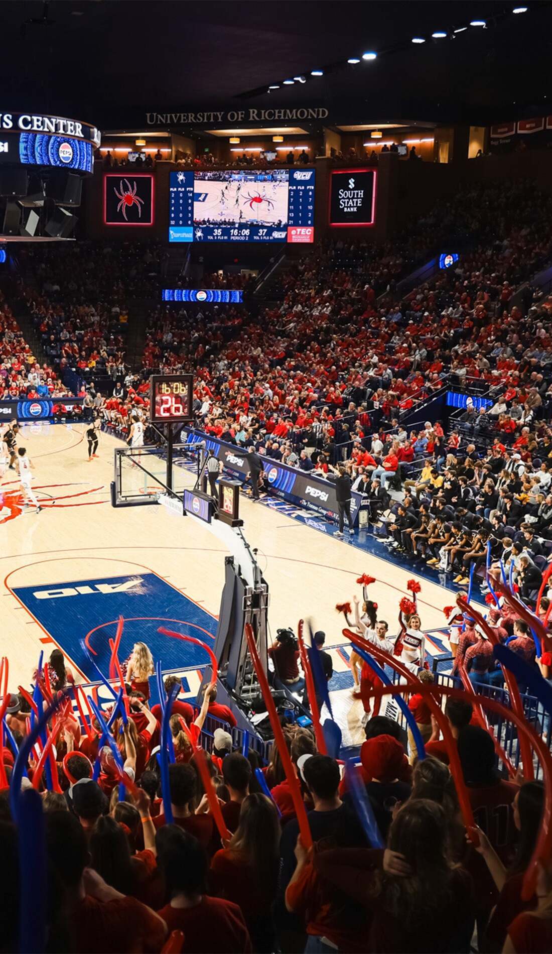 View from a seat at a Richmond Spiders Womens Basketball vs VCU Rams Womens Basketball game, showing the teams playing