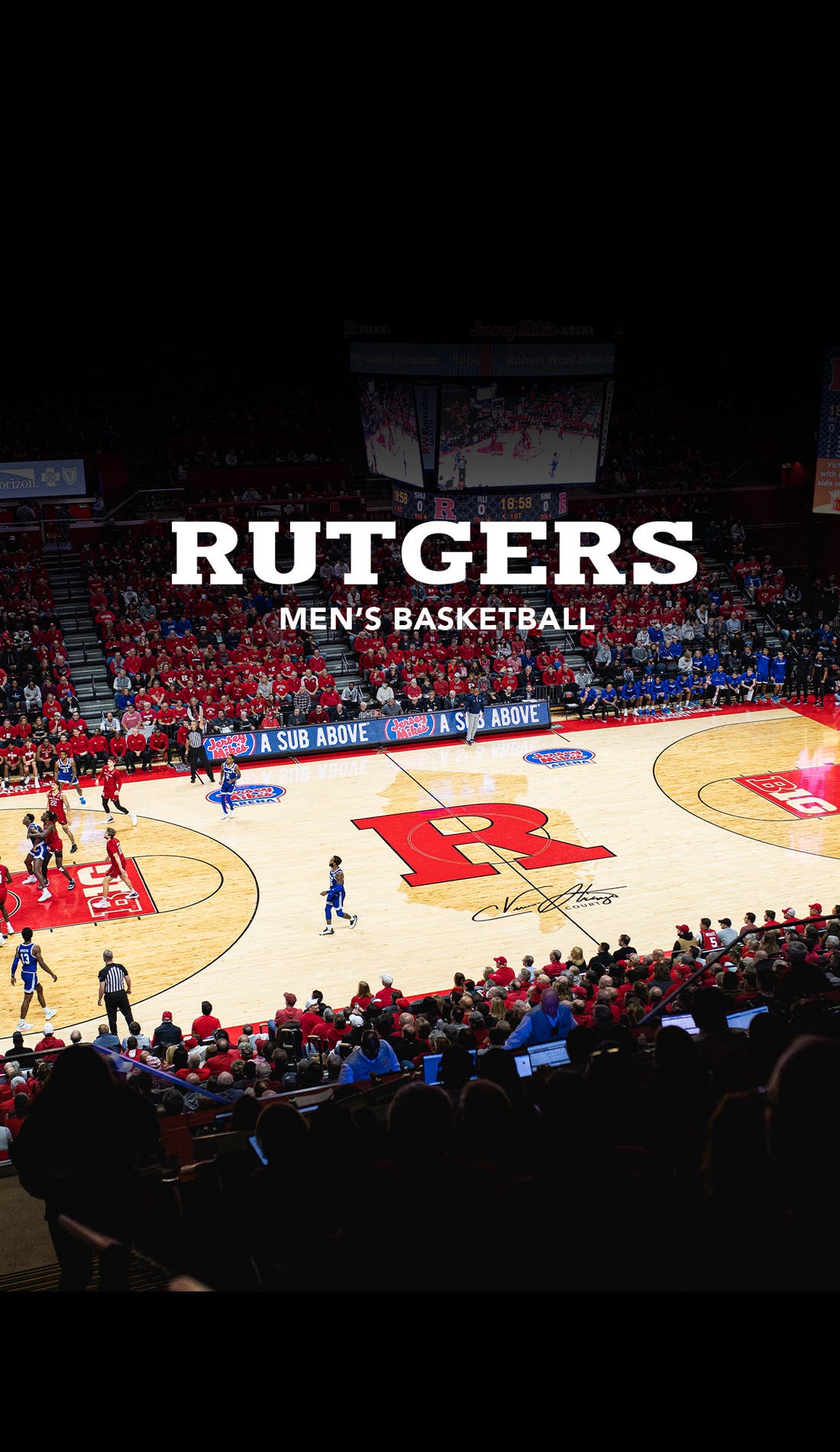 View from a seat at a Rutgers Scarlet Knights Mens Basketball vs Bryant Bulldogs Mens Basketball game, showing the teams playing