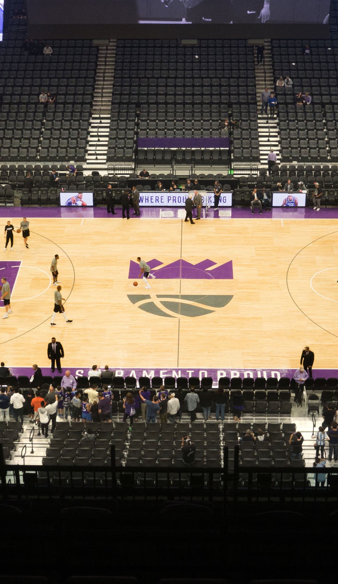 View from a seat at a Sacramento Kings vs San Antonio Spurs game, showing the teams playing