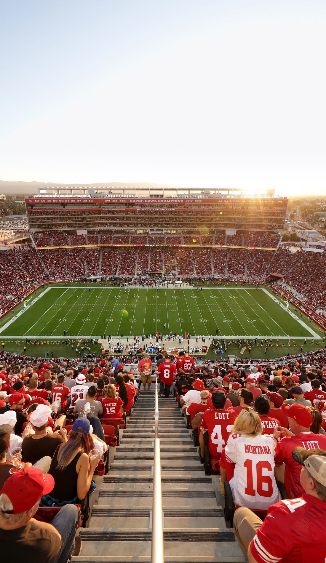View from a seat at a San Francisco 49ers vs Green Bay Packers game, showing the teams playing