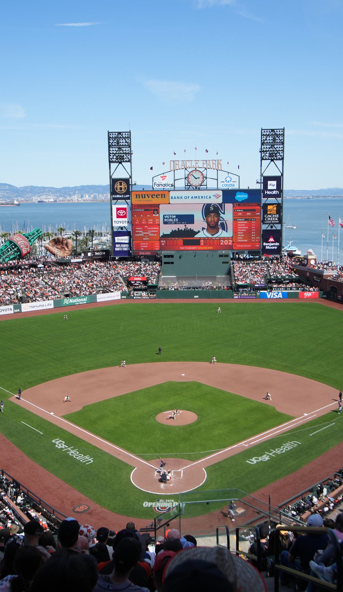View from a seat at a San Francisco Giants vs St. Louis Cardinals game, showing the teams playing