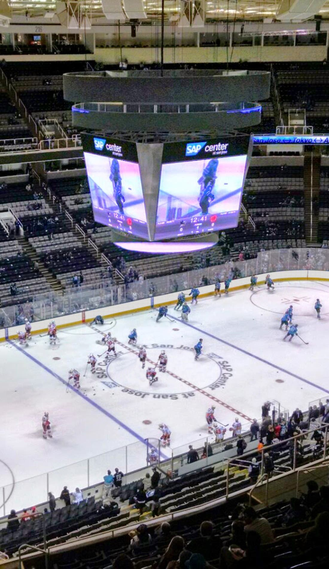 View from a seat at a San Jose Sharks vs Utah Mammoth game, showing the teams playing