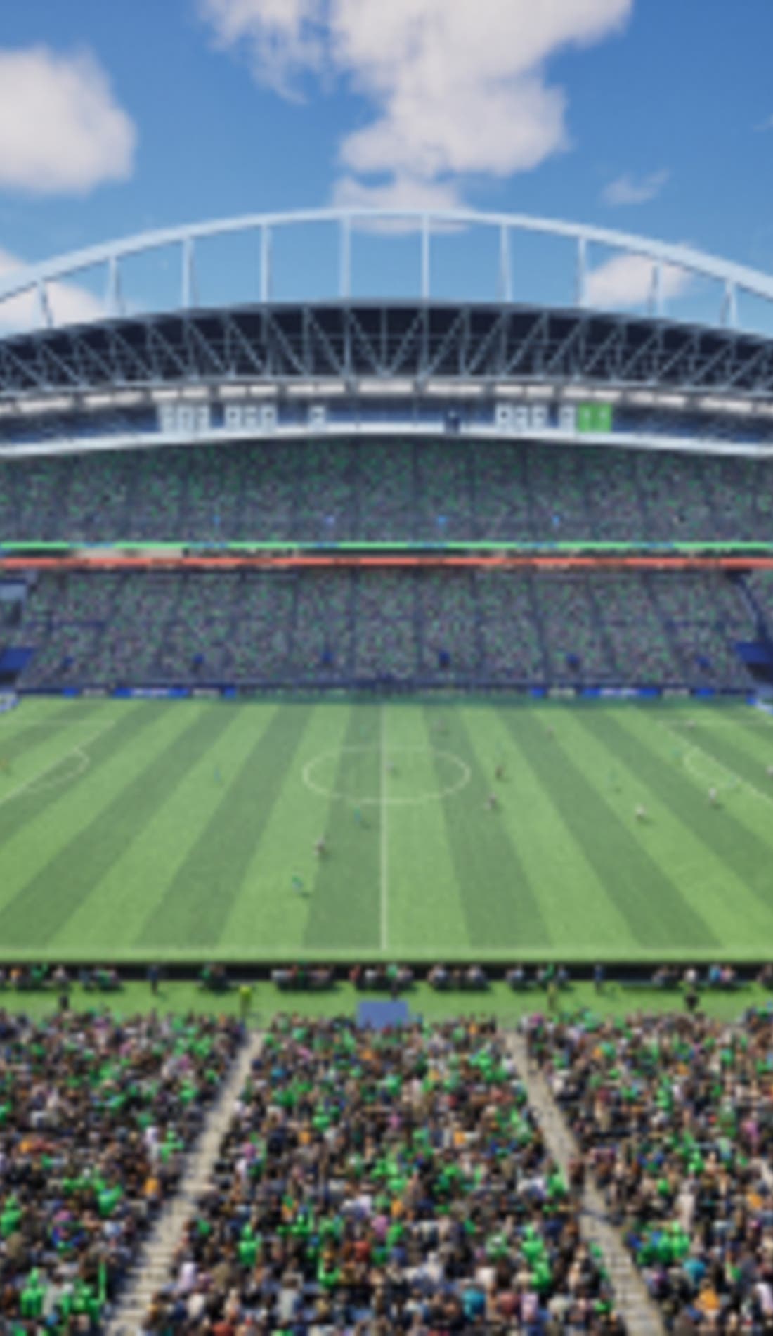 Vue d'un siège à un match Seattle Sounders FC contre Portland Timbers, montrant les équipes en action