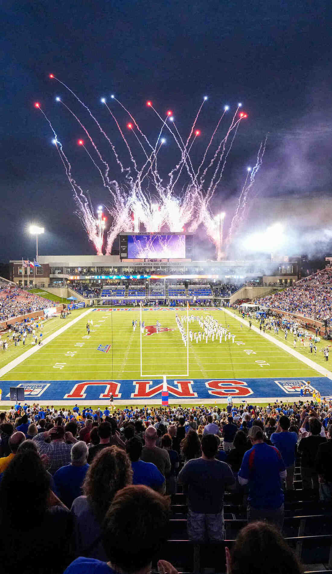 View from a seat at a SMU Mustangs Football vs James Madison Dukes Football game, showing the teams playing