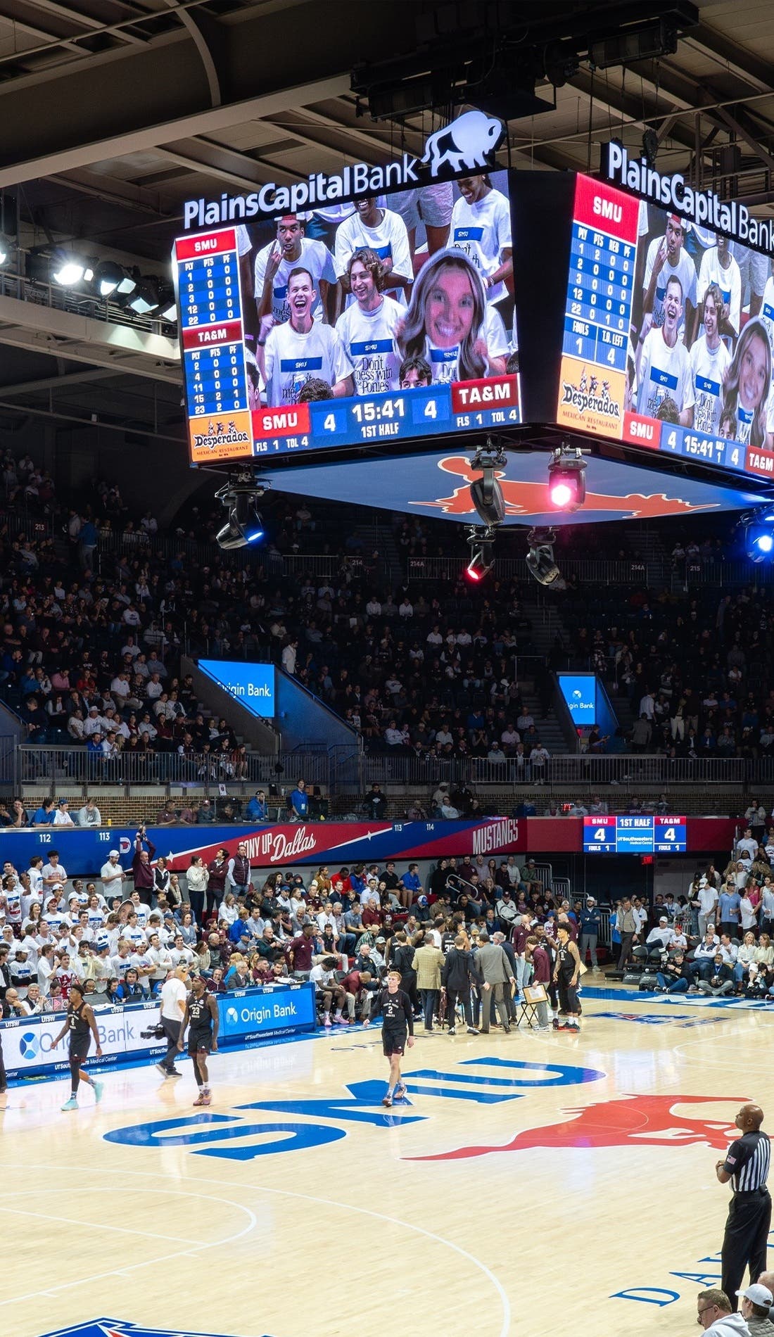 View from a seat at a SMU Mustangs Mens Basketball vs Lipscomb Bisons Mens Basketball game, showing the teams playing