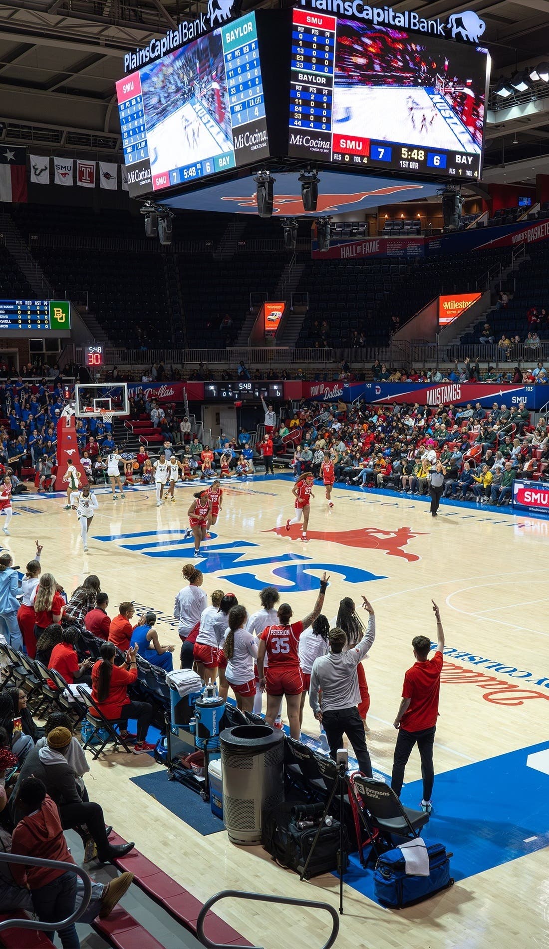 View from a seat at a SMU Mustangs Womens Basketball vs East Carolina Pirates Womens Basketball game, showing the teams playing