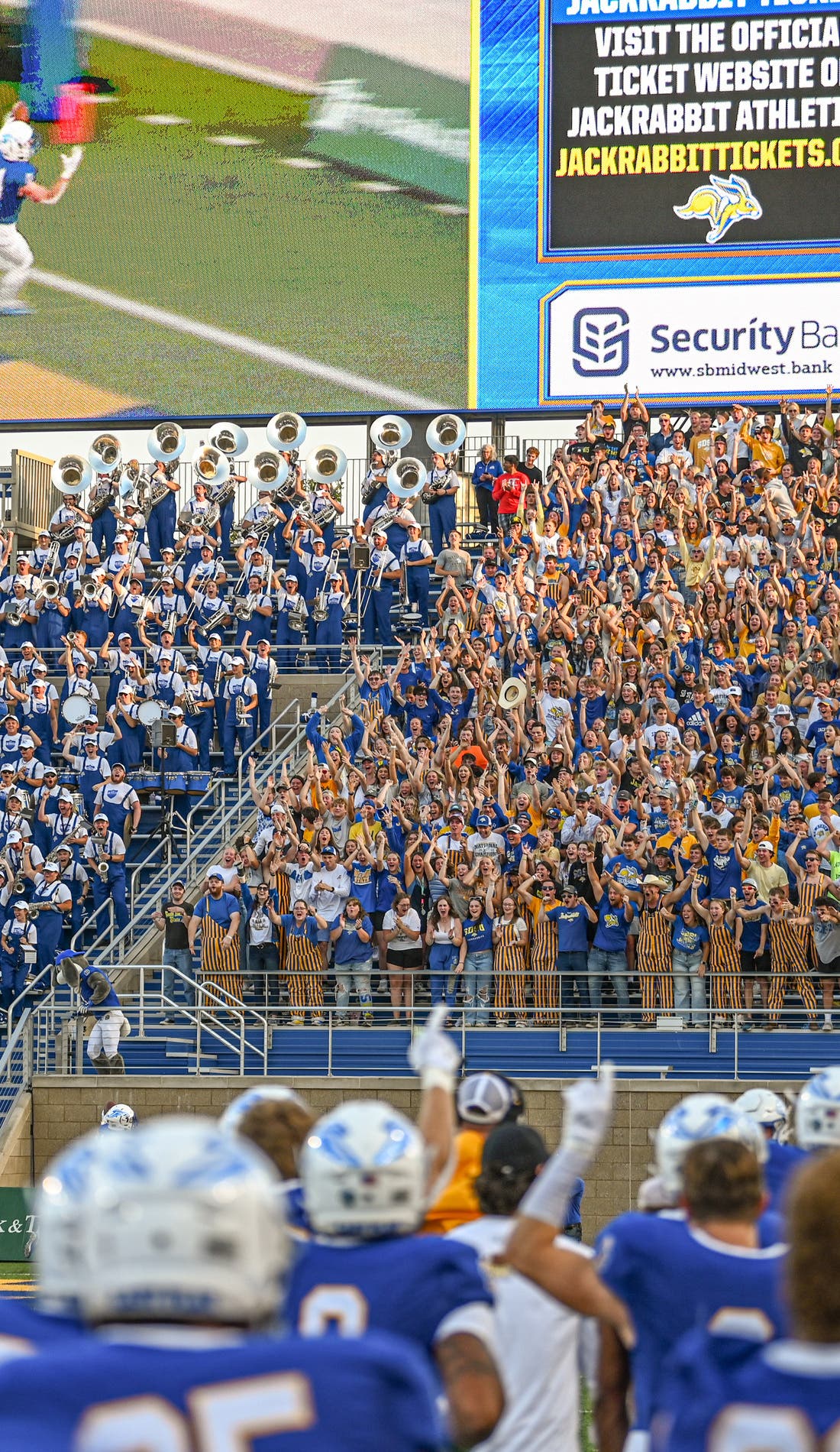 View from a seat at a South Dakota State Jackrabbits Football vs LIU Sharks Football game, showing the teams playing