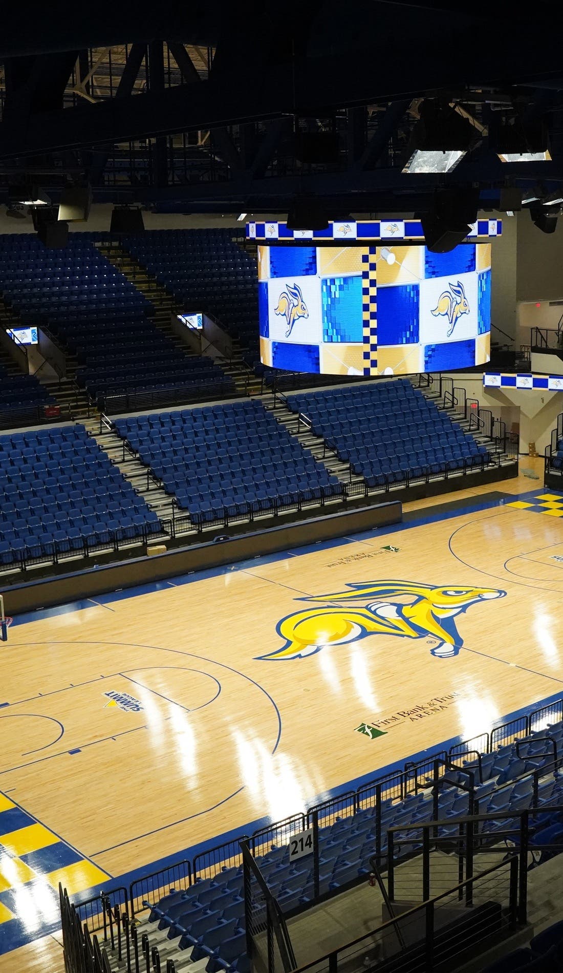 View from a seat at a South Dakota State Jackrabbits Mens Basketball vs Savannah State Tigers Mens Basketball game, showing the teams playing