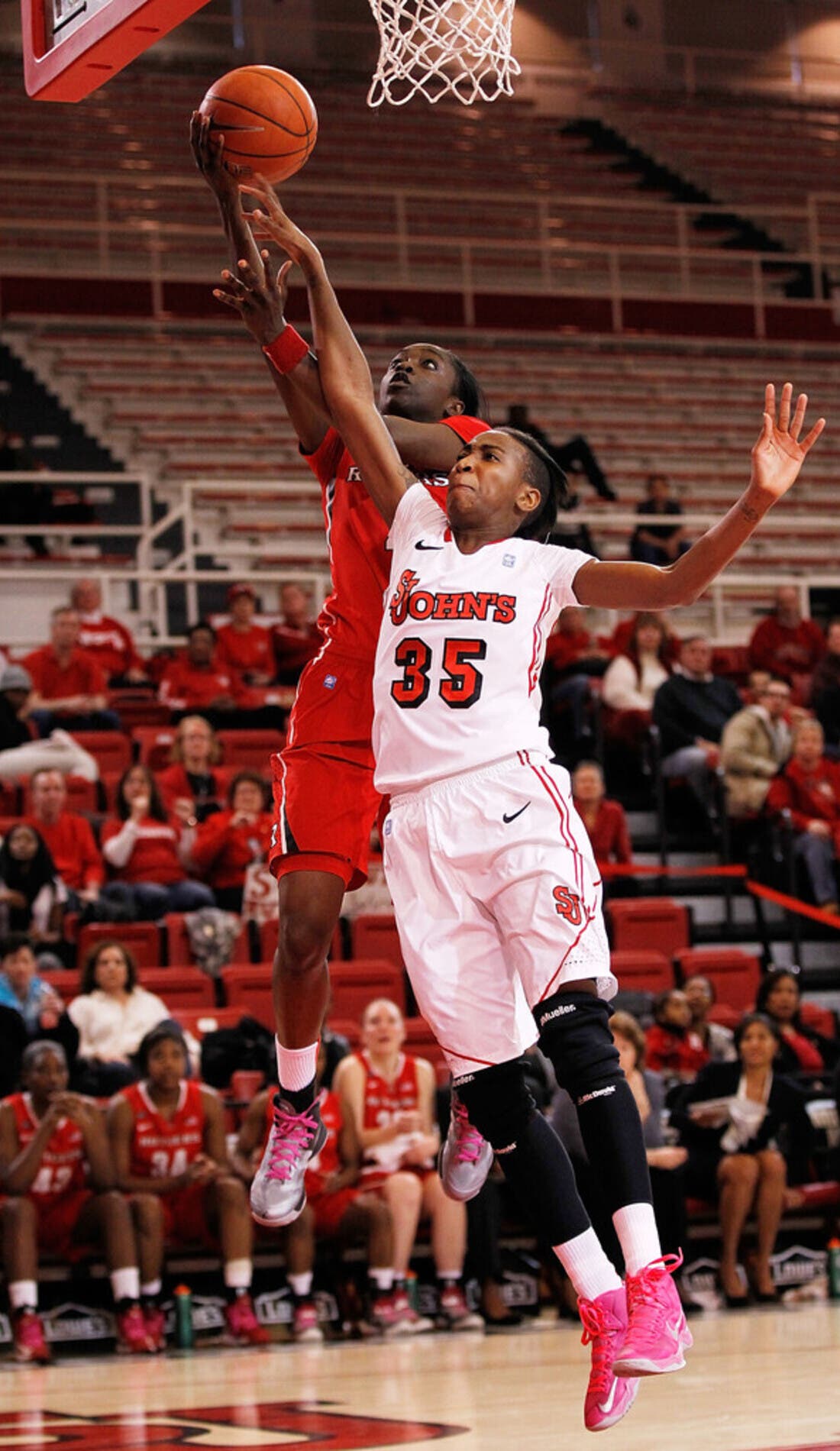 View from a seat at a St. John's Red Storm Womens Basketball vs Georgetown Hoyas Womens Basketball game, showing the teams playing