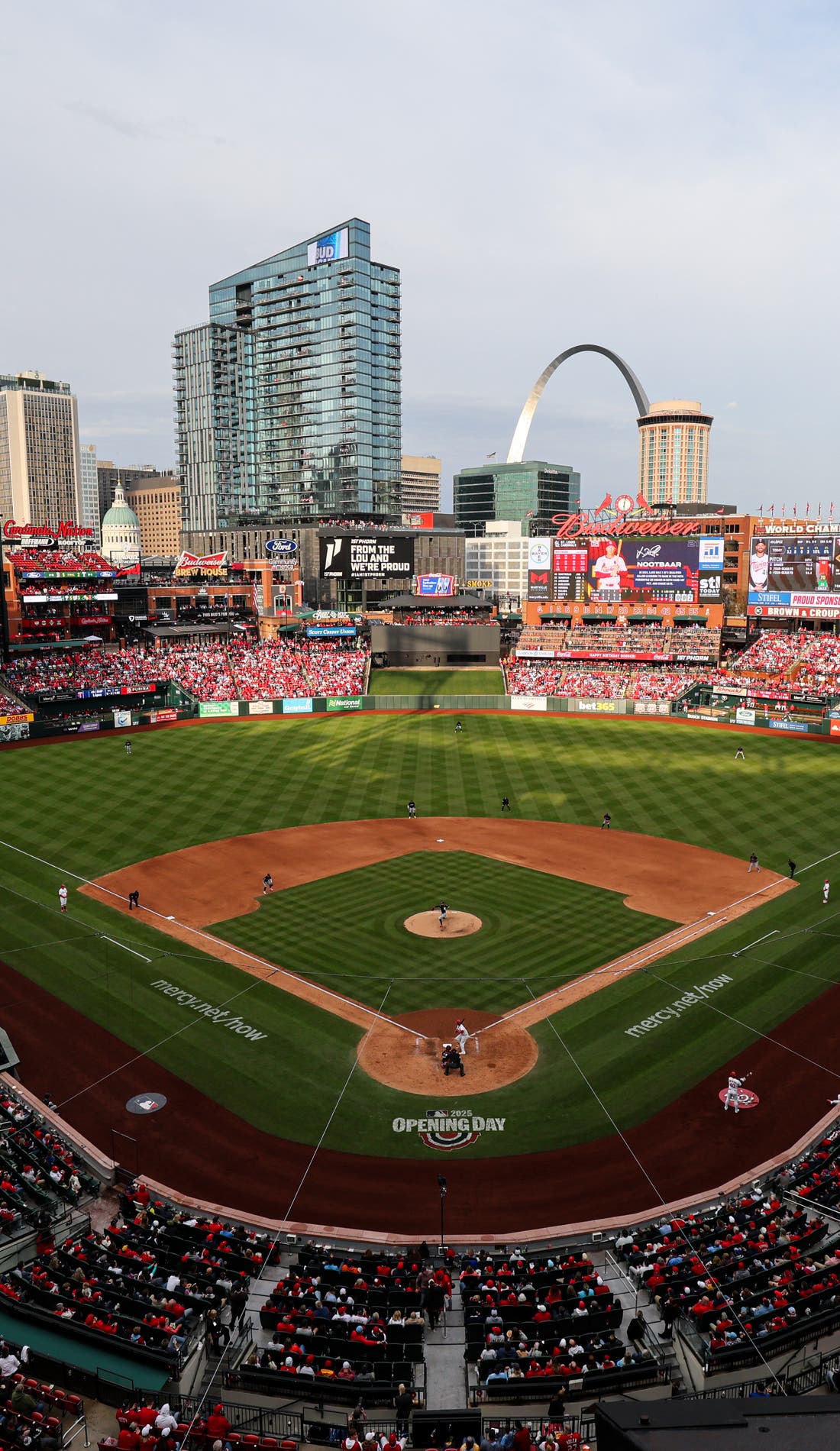 View from a seat at a St. Louis Cardinals vs Arizona Diamondbacks game, showing the teams playing