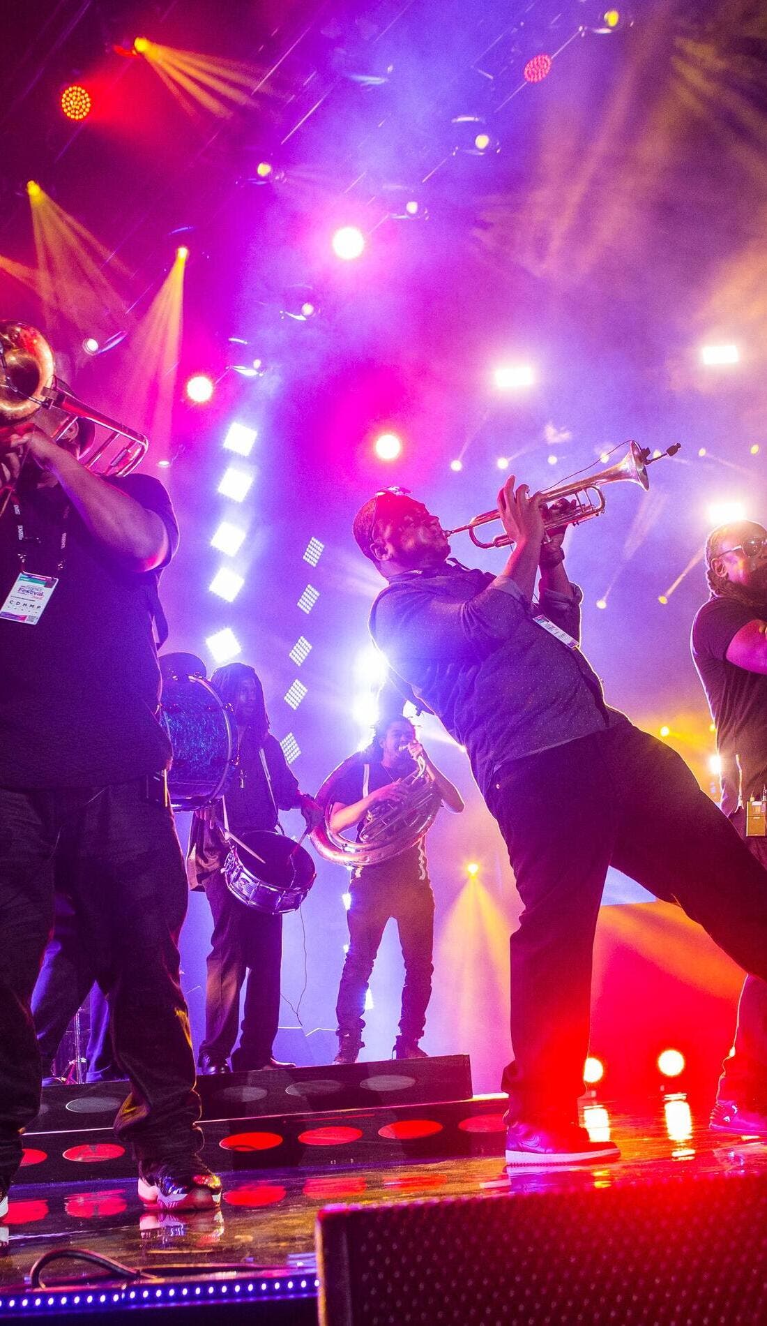Stooges Brass Band promotional image for upcoming events and ticket sales