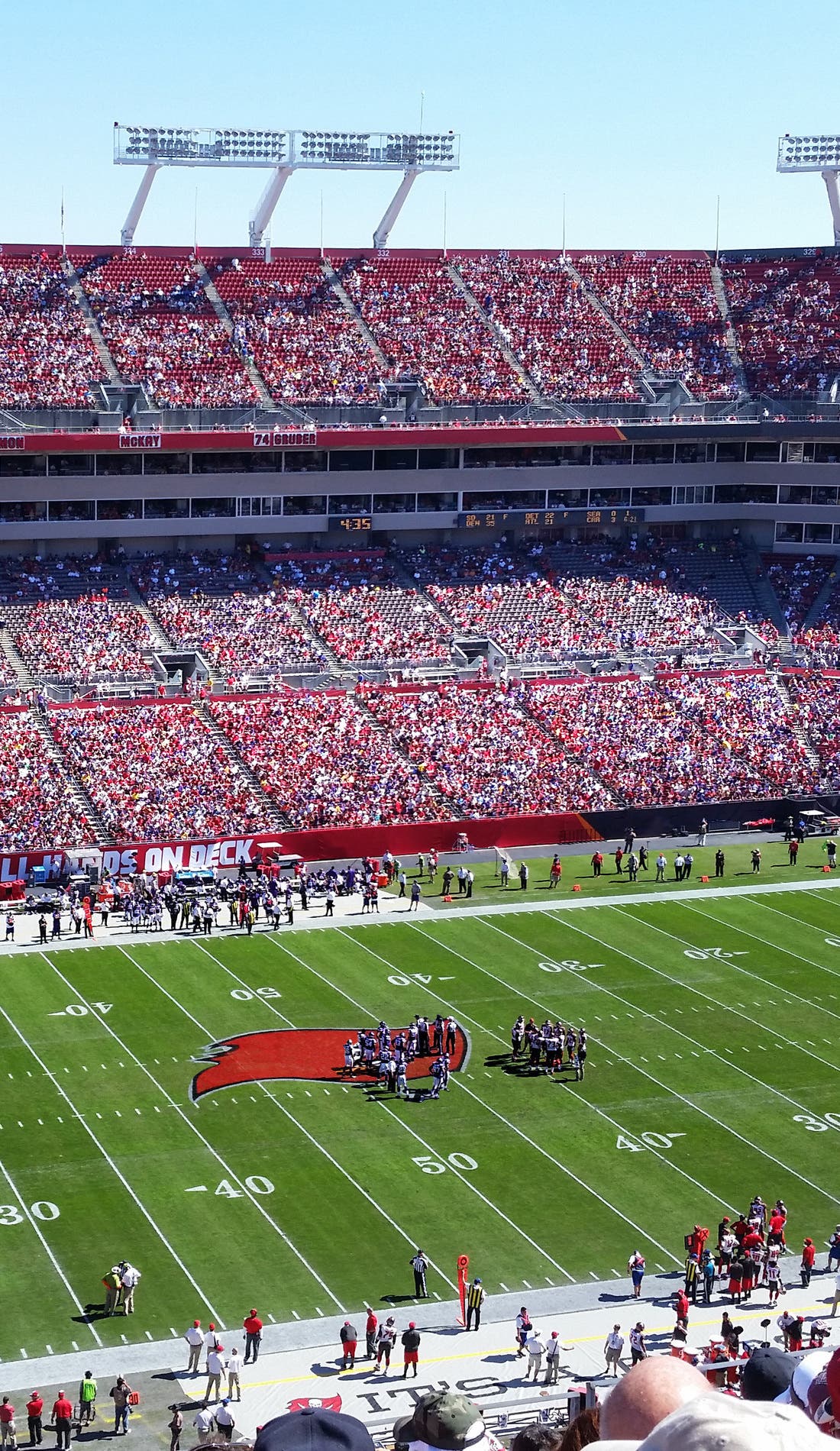 View from a seat at a Tampa Bay Buccaneers vs New Orleans Saints game, showing the teams playing