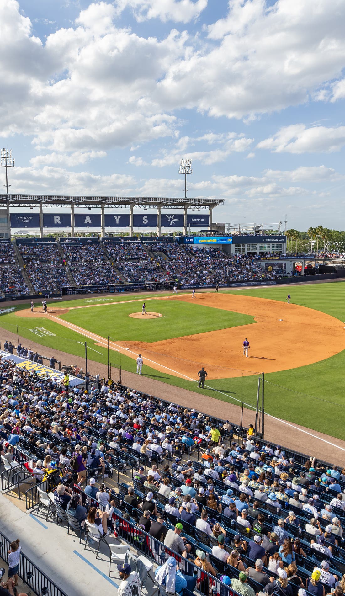 View from a seat at a Tampa Bay Rays vs Cleveland Guardians game, showing the teams playing