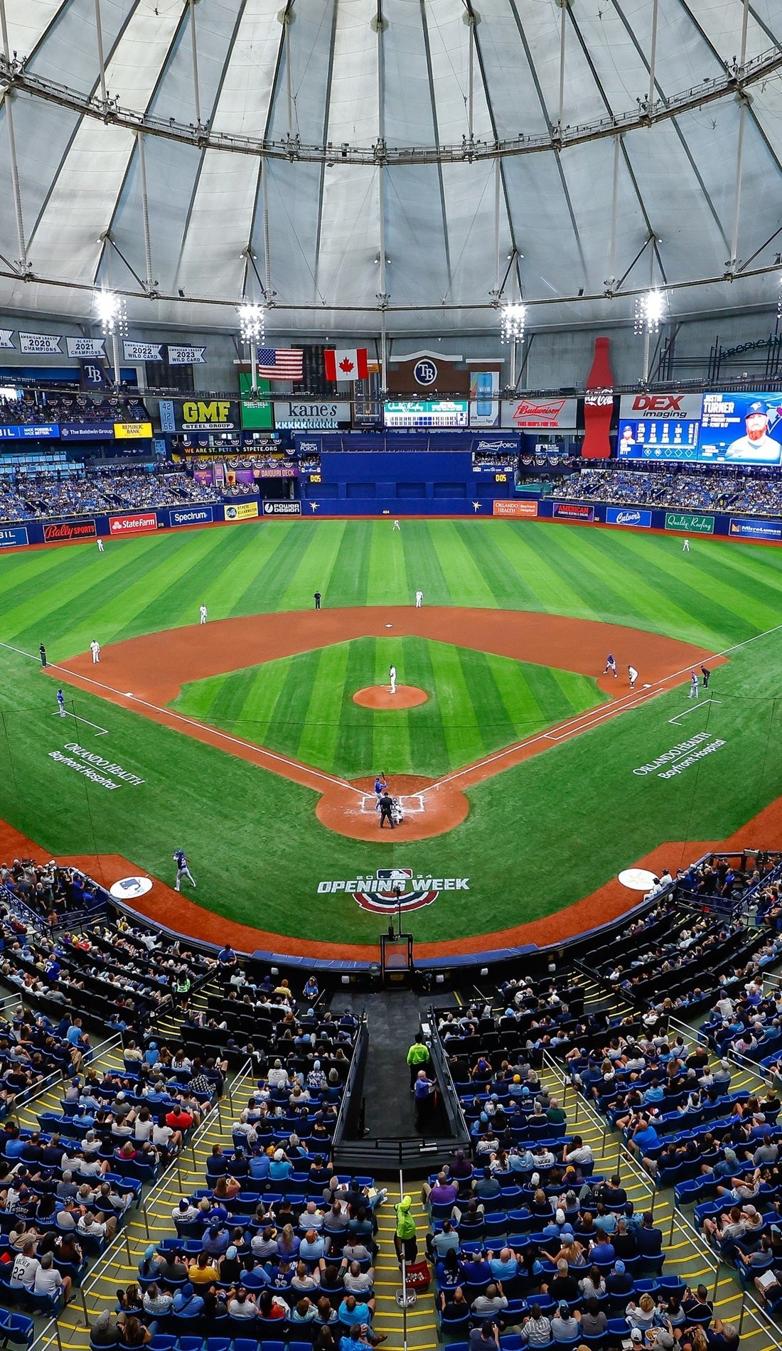 View from a seat at a Tampa Bay Rays vs Texas Rangers game, showing the teams playing