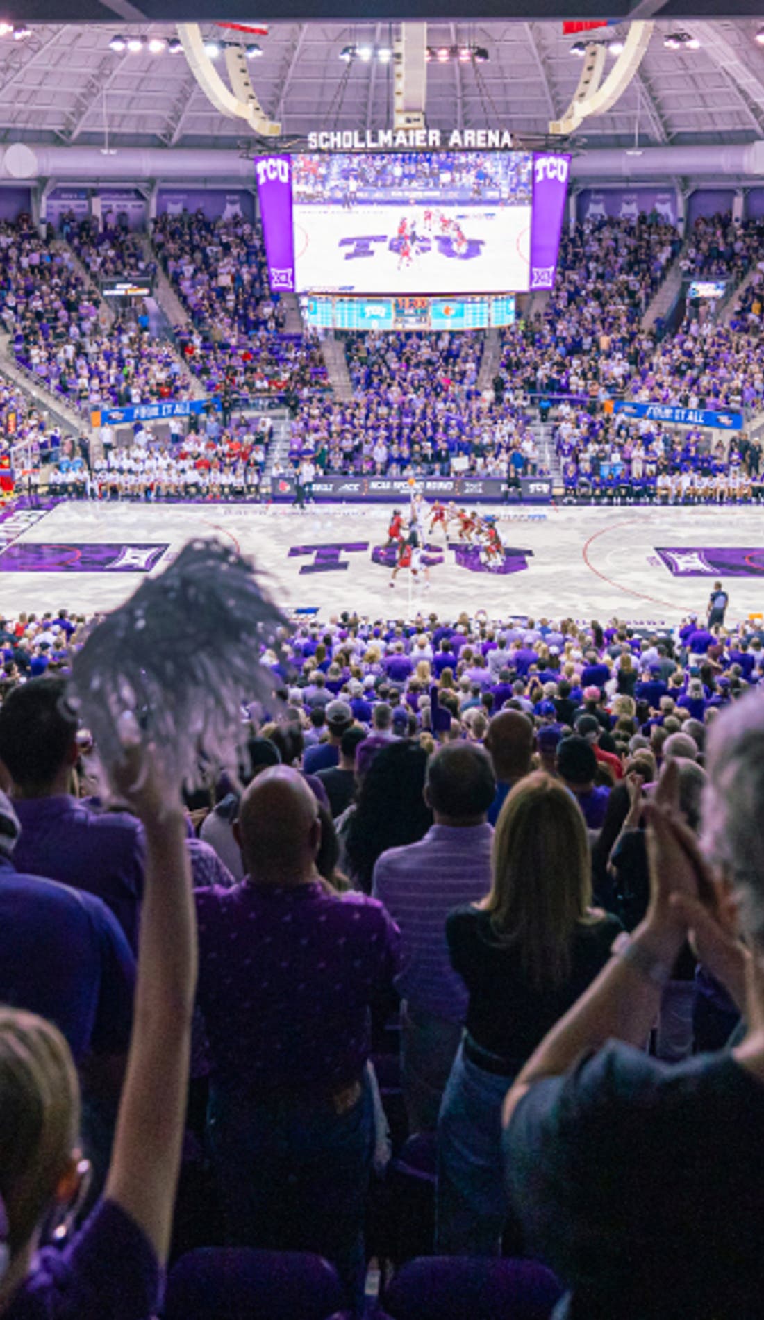 View from a seat at a TCU Horned Frogs Womens Basketball vs Kansas Jayhawks Womens Basketball game, showing the teams playing